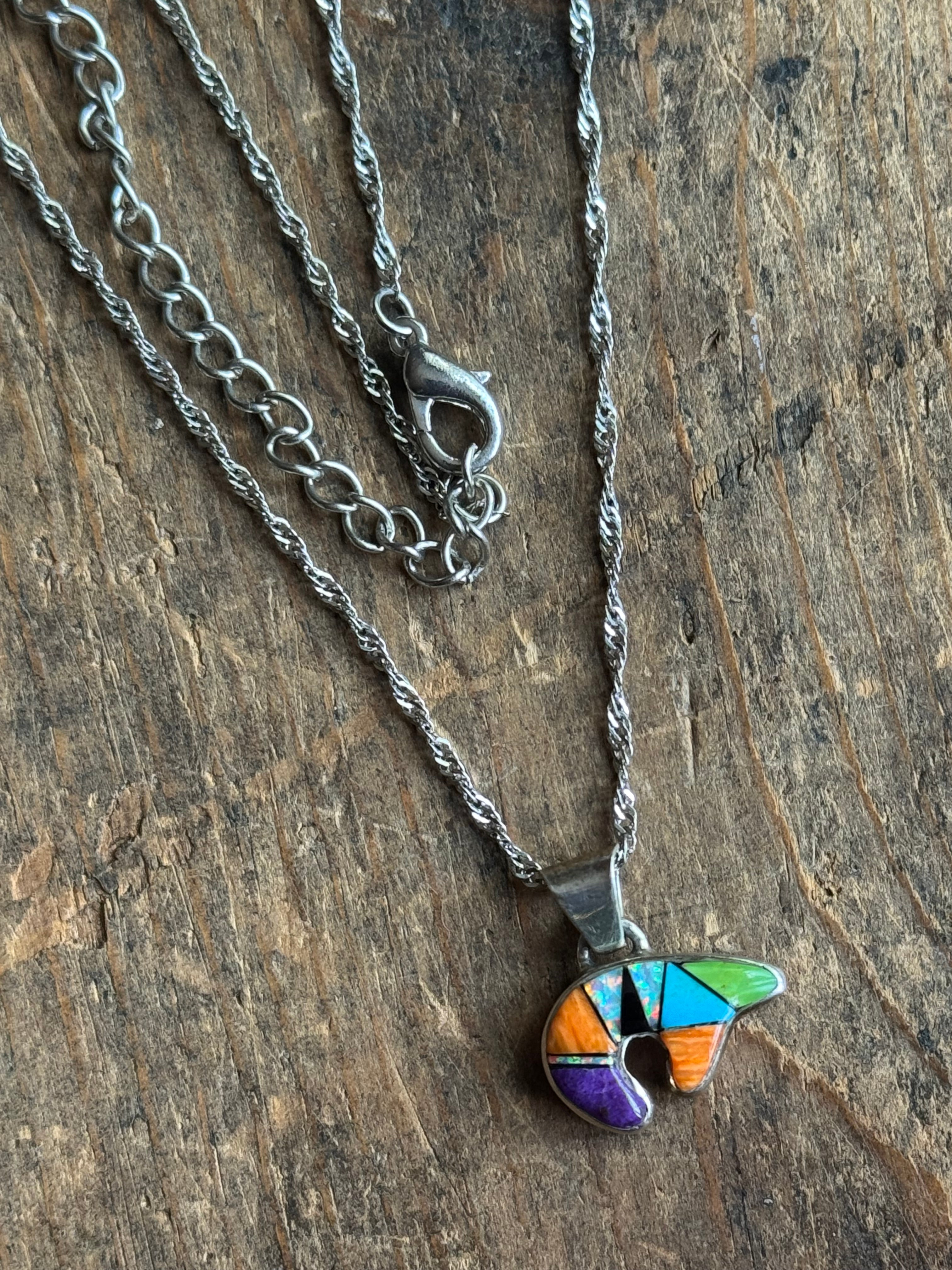 Vintage Sterling Silver Multistone Inlay Bear Necklace