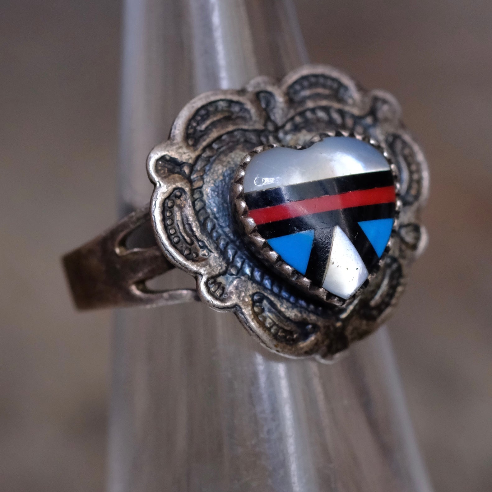 Vintage Sterling Multistone Inlay Heart Ring 5.5