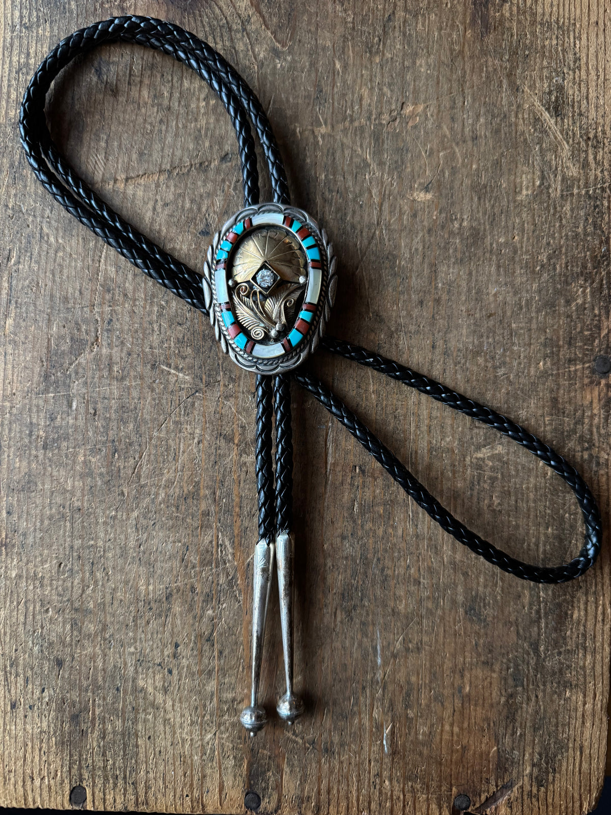 Vintage Sterling Silver & Brass CZ Multistone Inlay Bolo