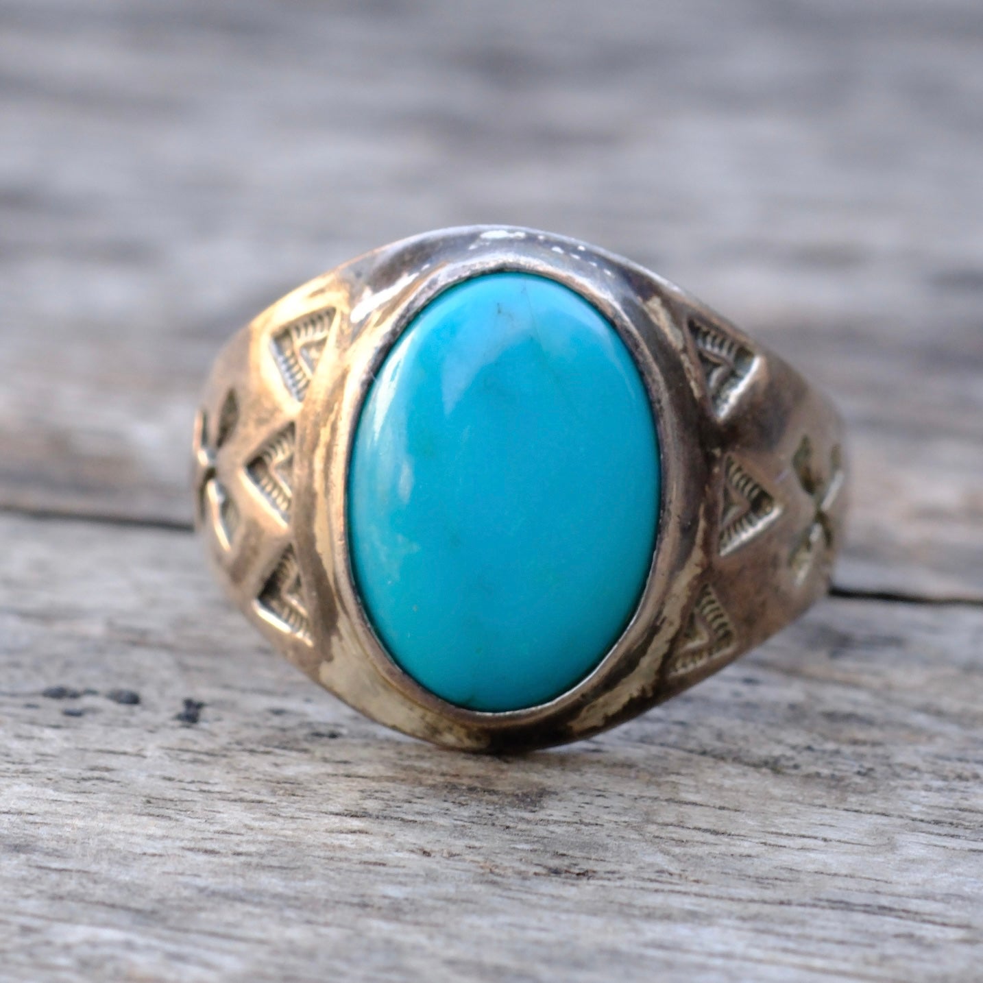 Vintage Sterling Turquoise Stamped Arrows Ring 8.5