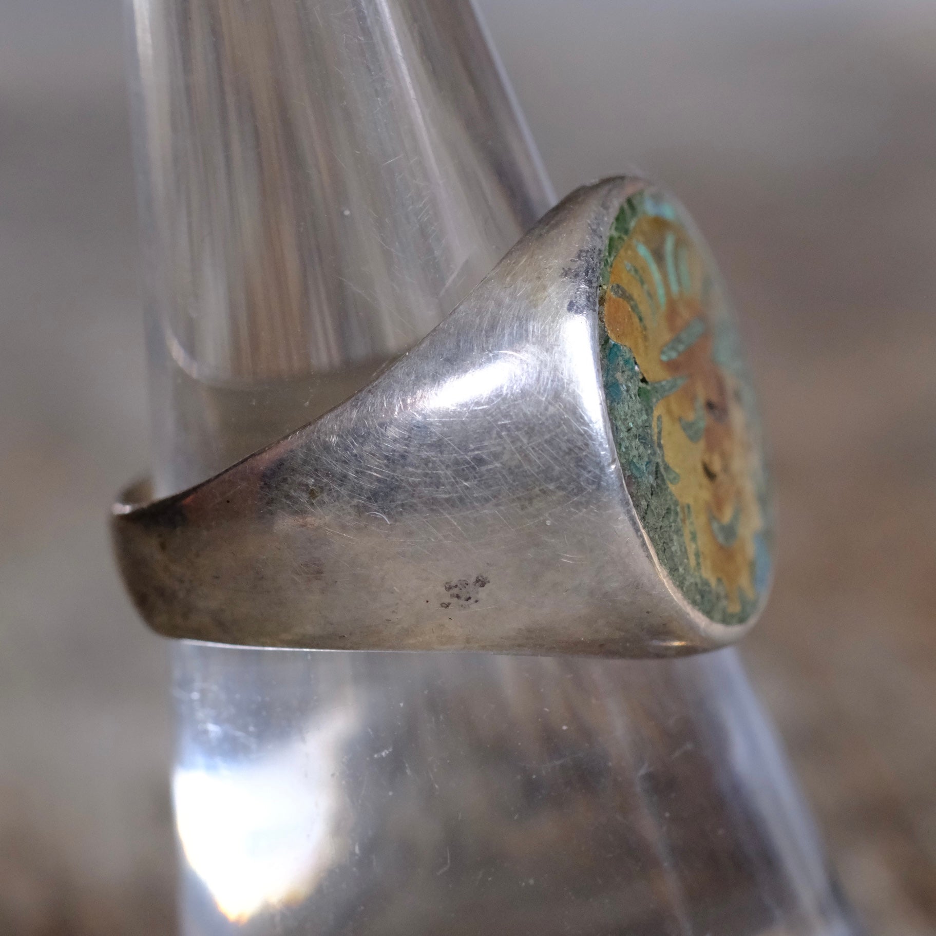 Vintage Sterling Turquoise Inlay Taxco Ring 8.25
