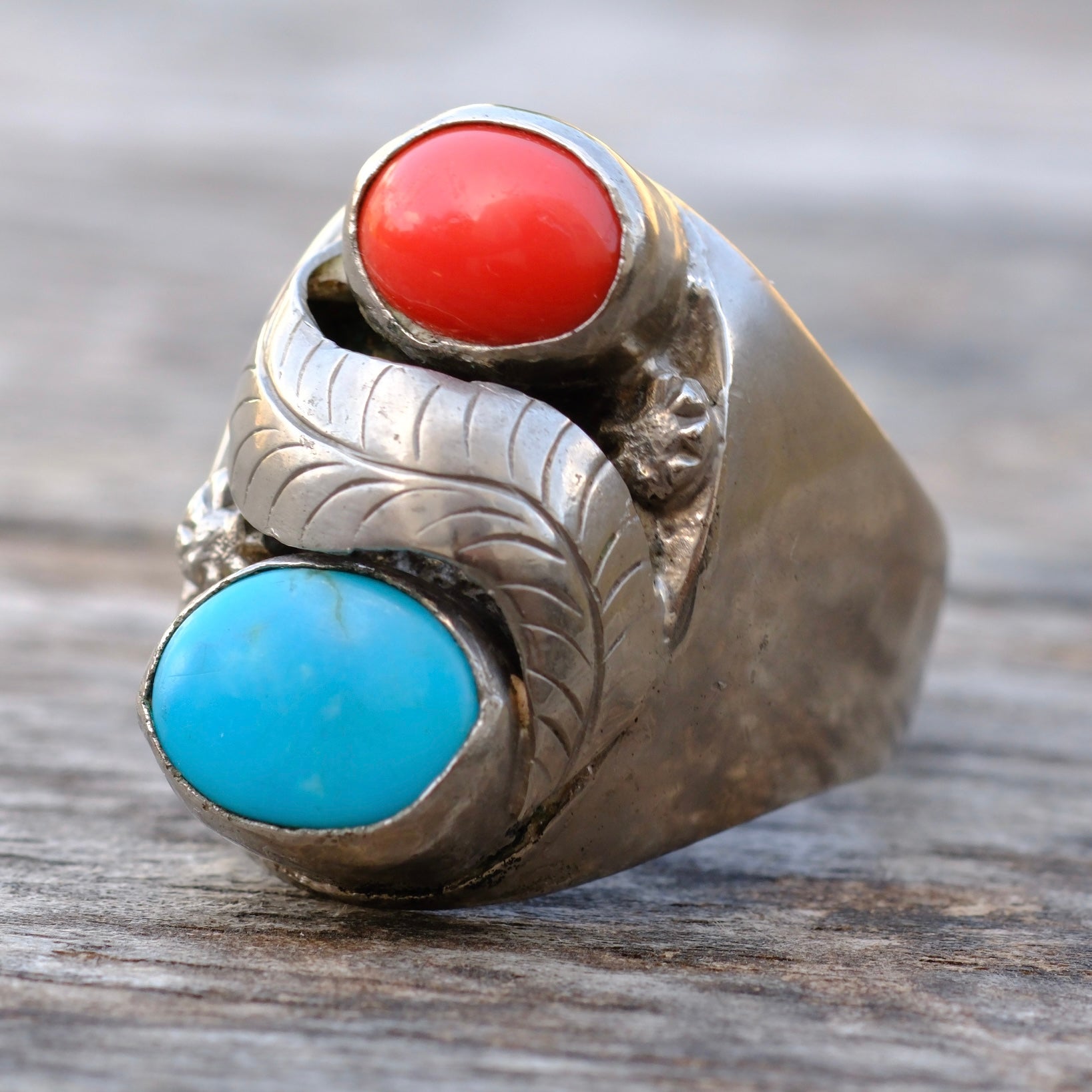 Vintage Sterling Turquoise and Coral Ring 11.5