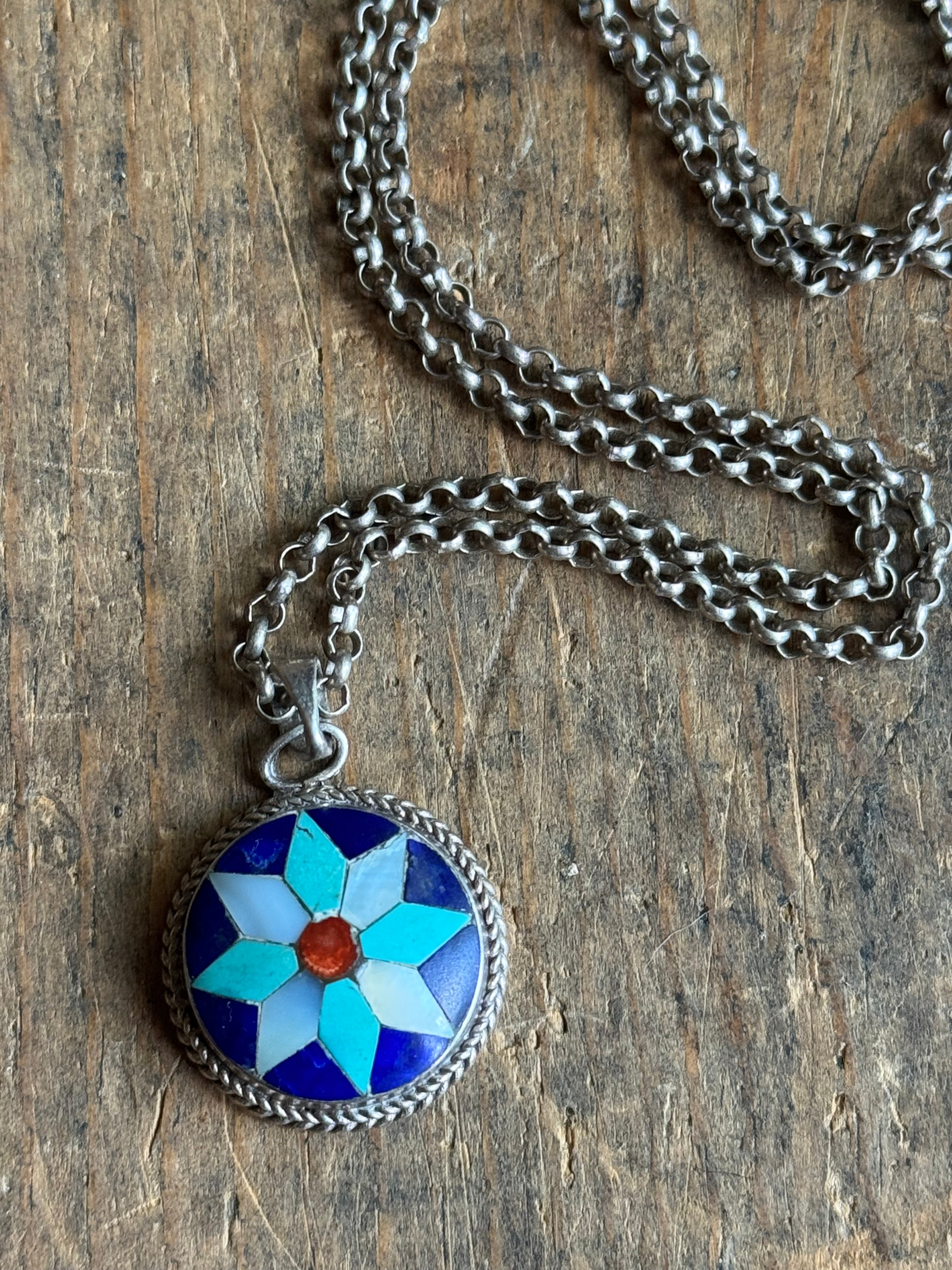 Vintage Sterling Silver Multistone Inlay Snowflake Necklace