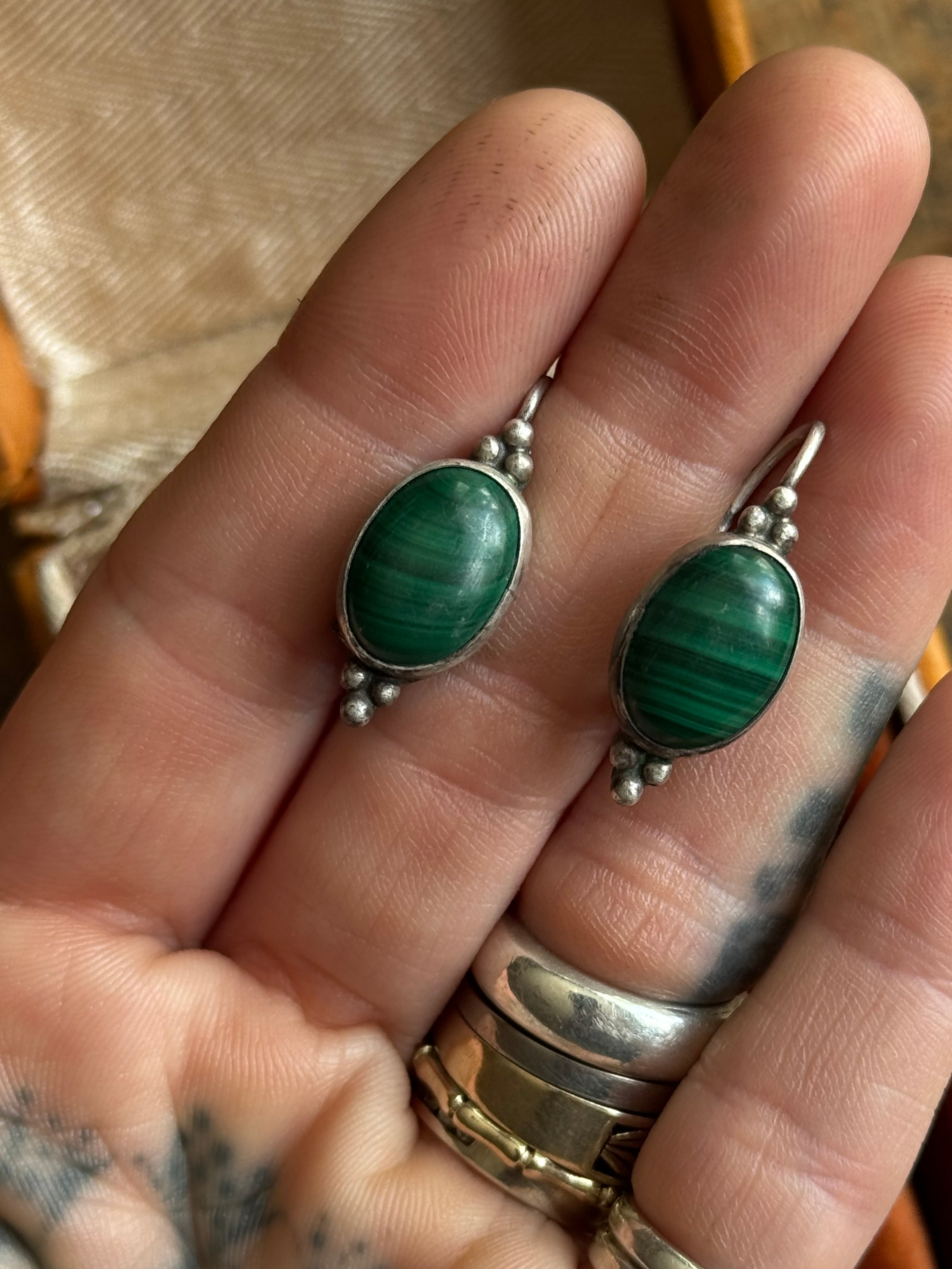 Vintage Sterling Silver Malachite Beaded Dangle earrings