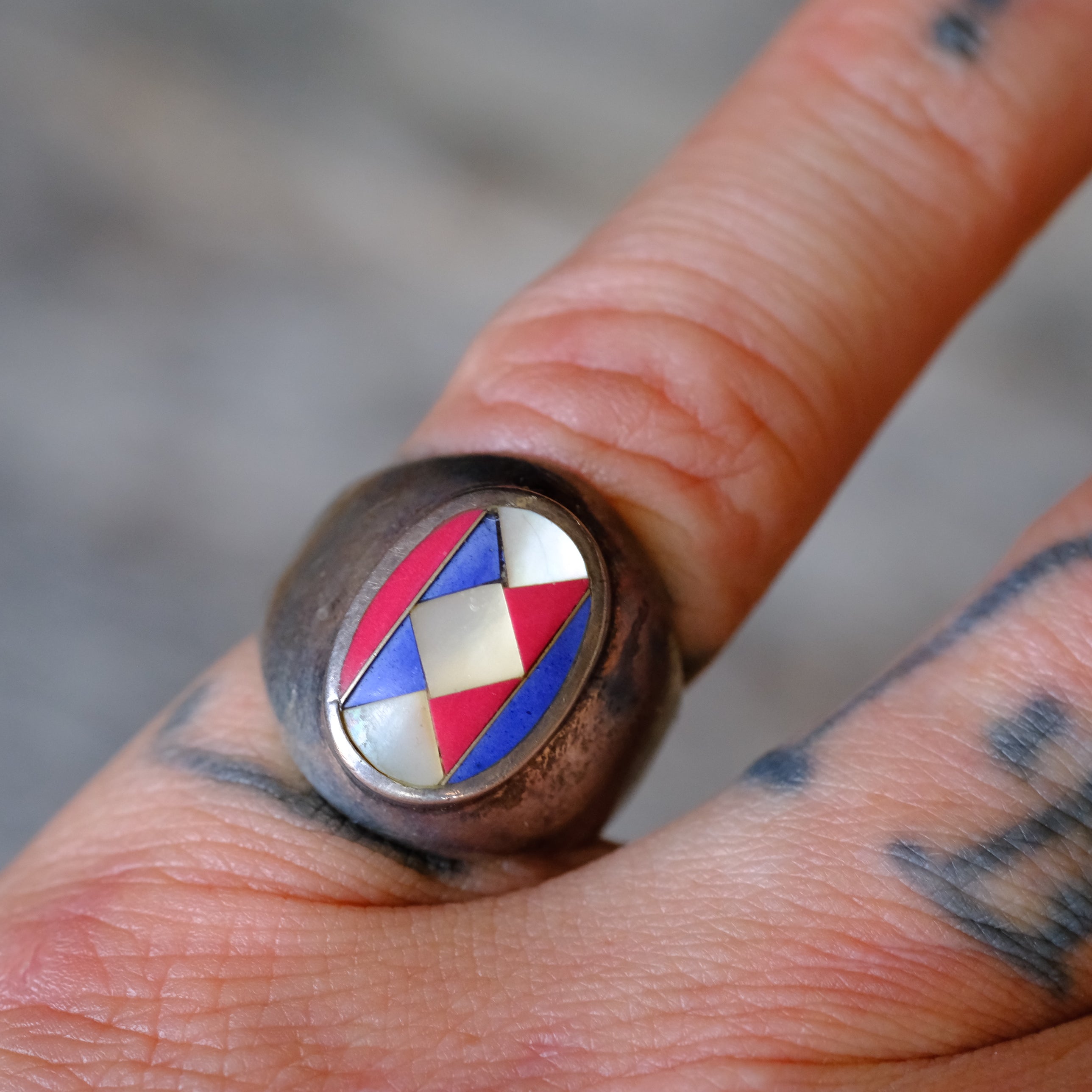 Vintage Sterling Multistone Inlay Ring 6