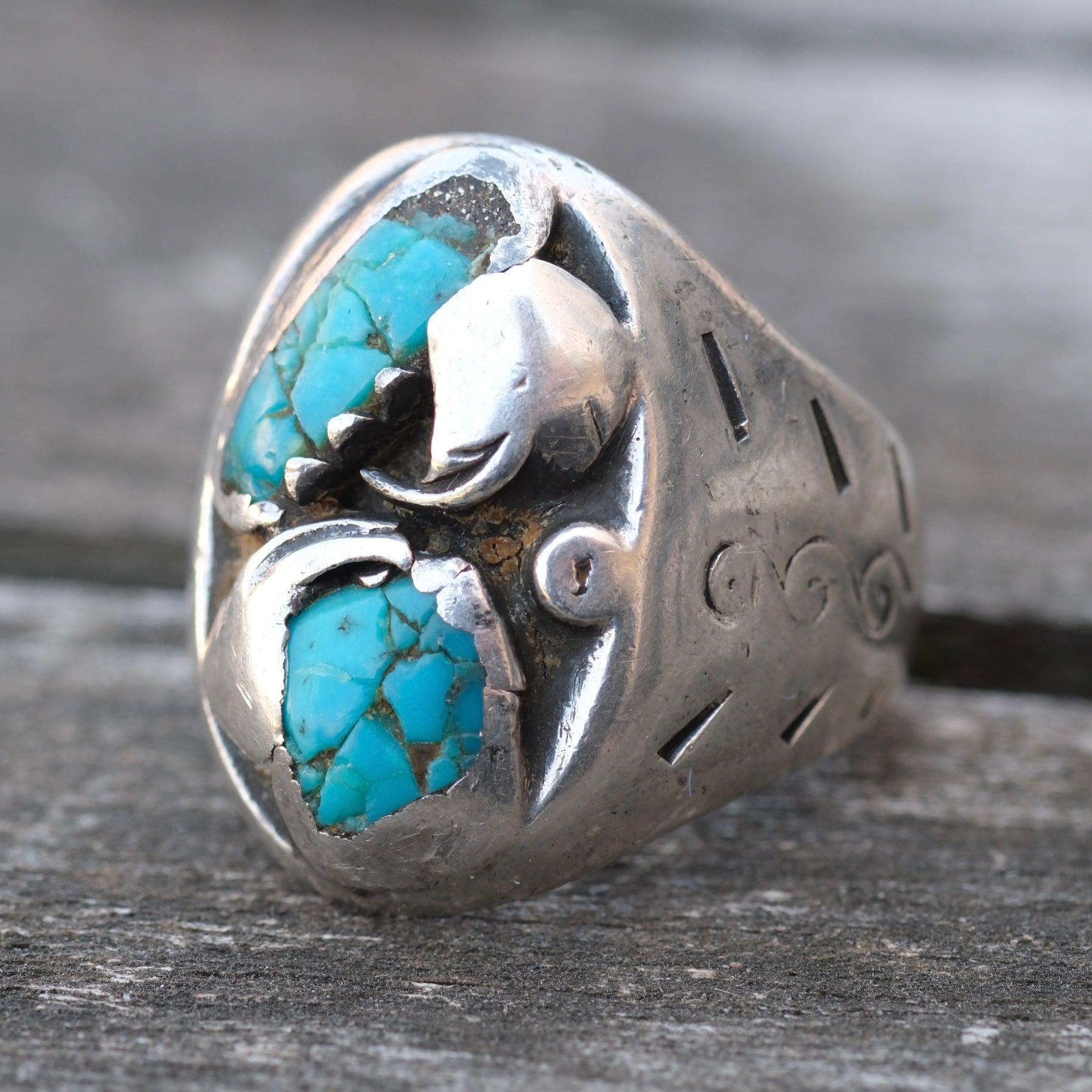Vintage Sterling 2-Stone Turquoise Feather Ring 10