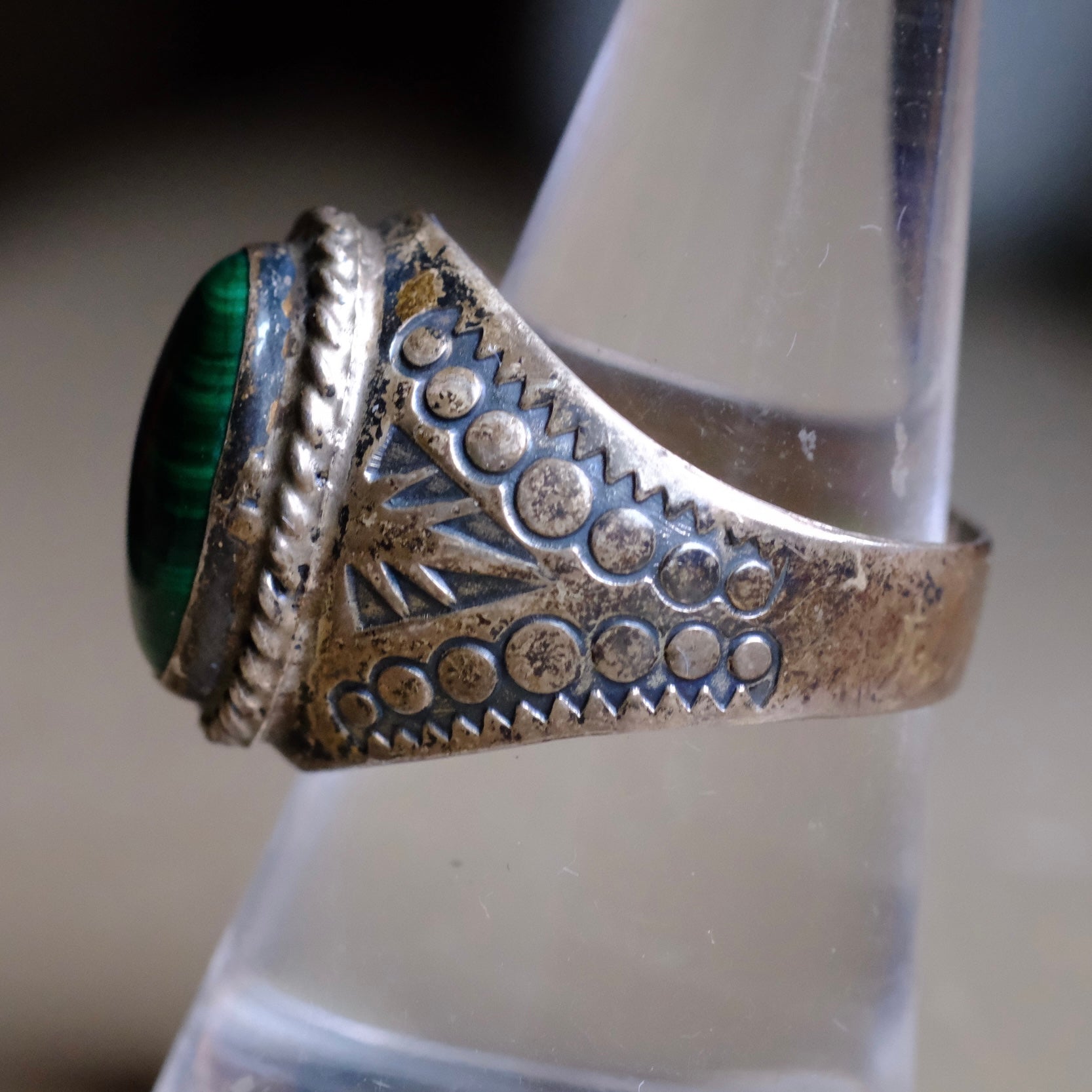 Vintage Sterling Malachite Stamped Band Ring 9