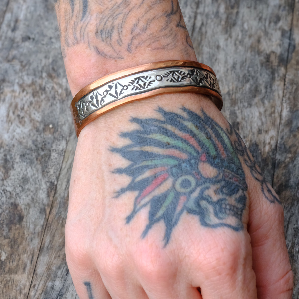 Vintage Sterling Copper and Sterling Silver Stamped Cuff Bracelet
