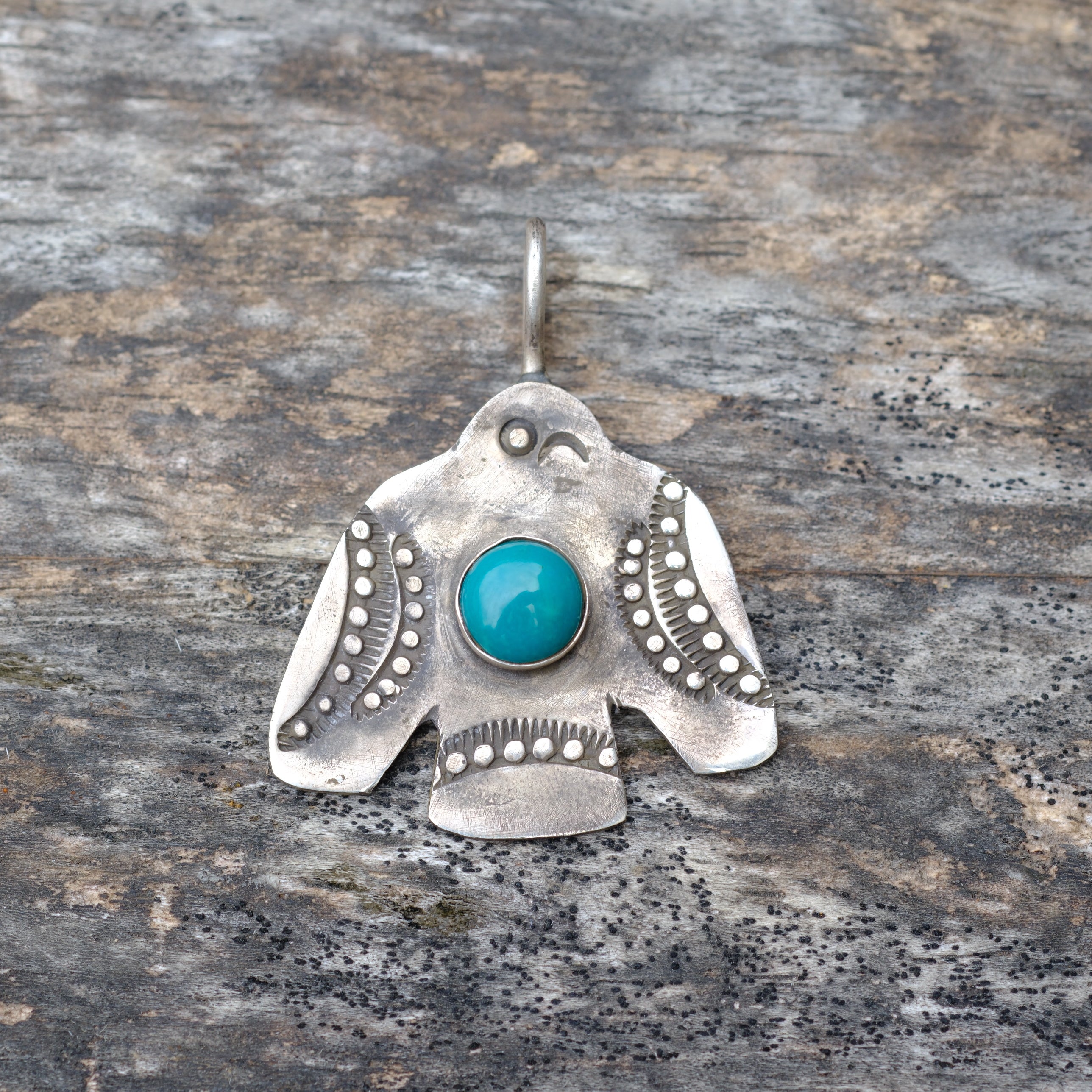 Sterling Silver Stamped Turquoise Thunderbird Necklace