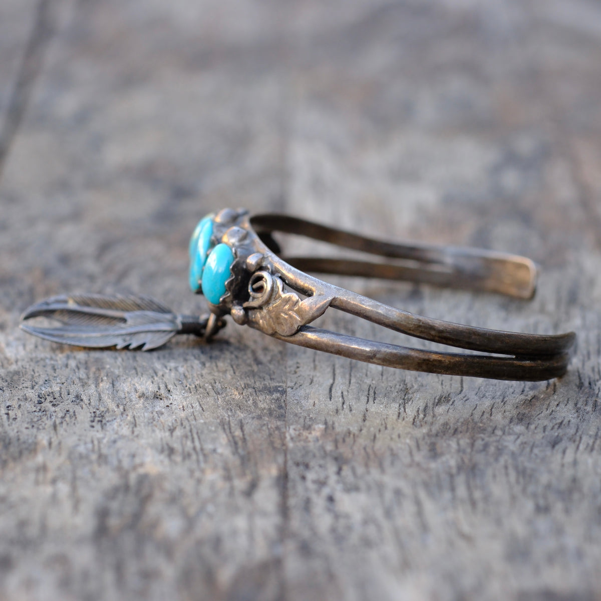 Vintage Sterling Turquoise Feather Cuff Bracelet