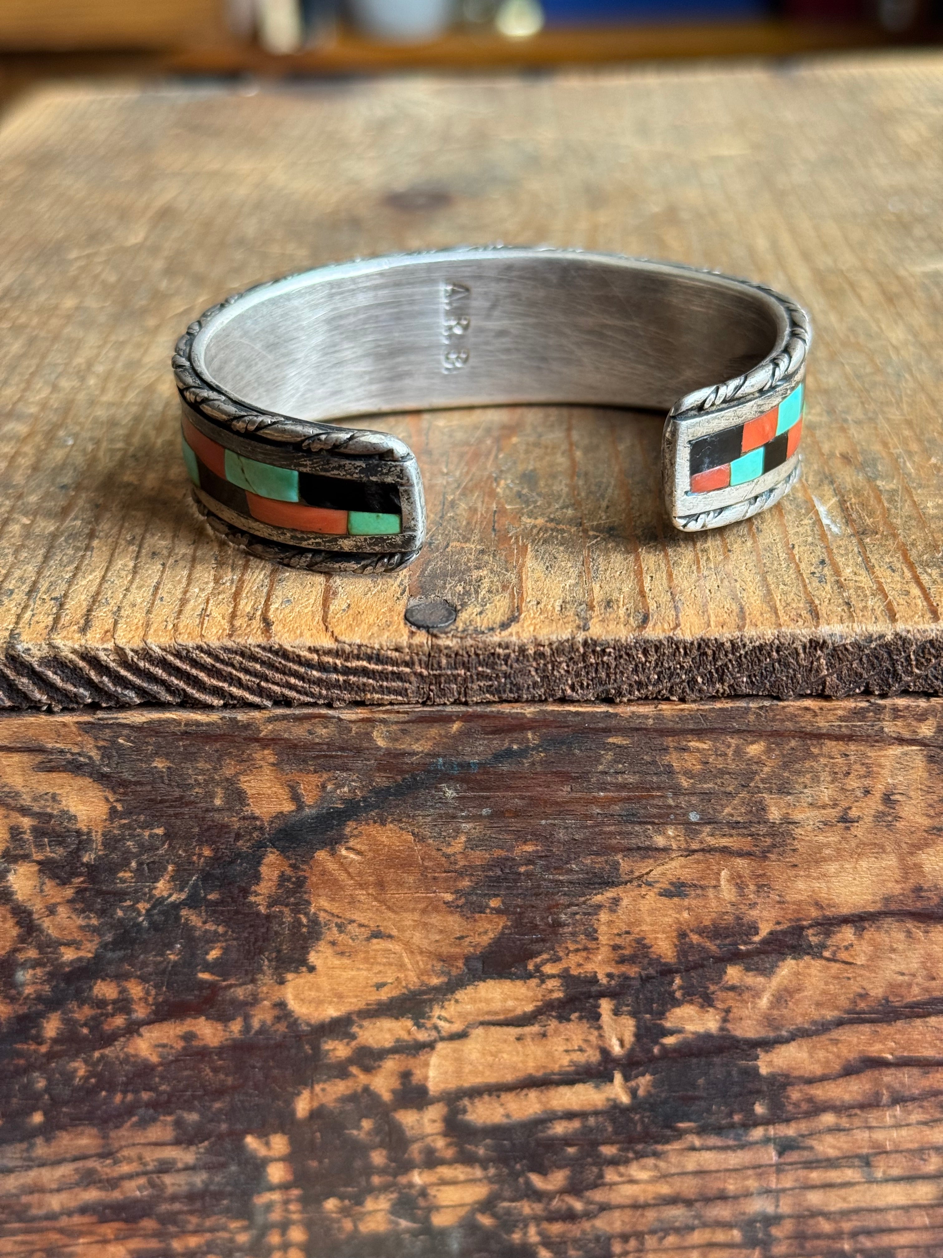 Vintage Sterling Silver Coral Onyx & Turquoise Inlay Cuff