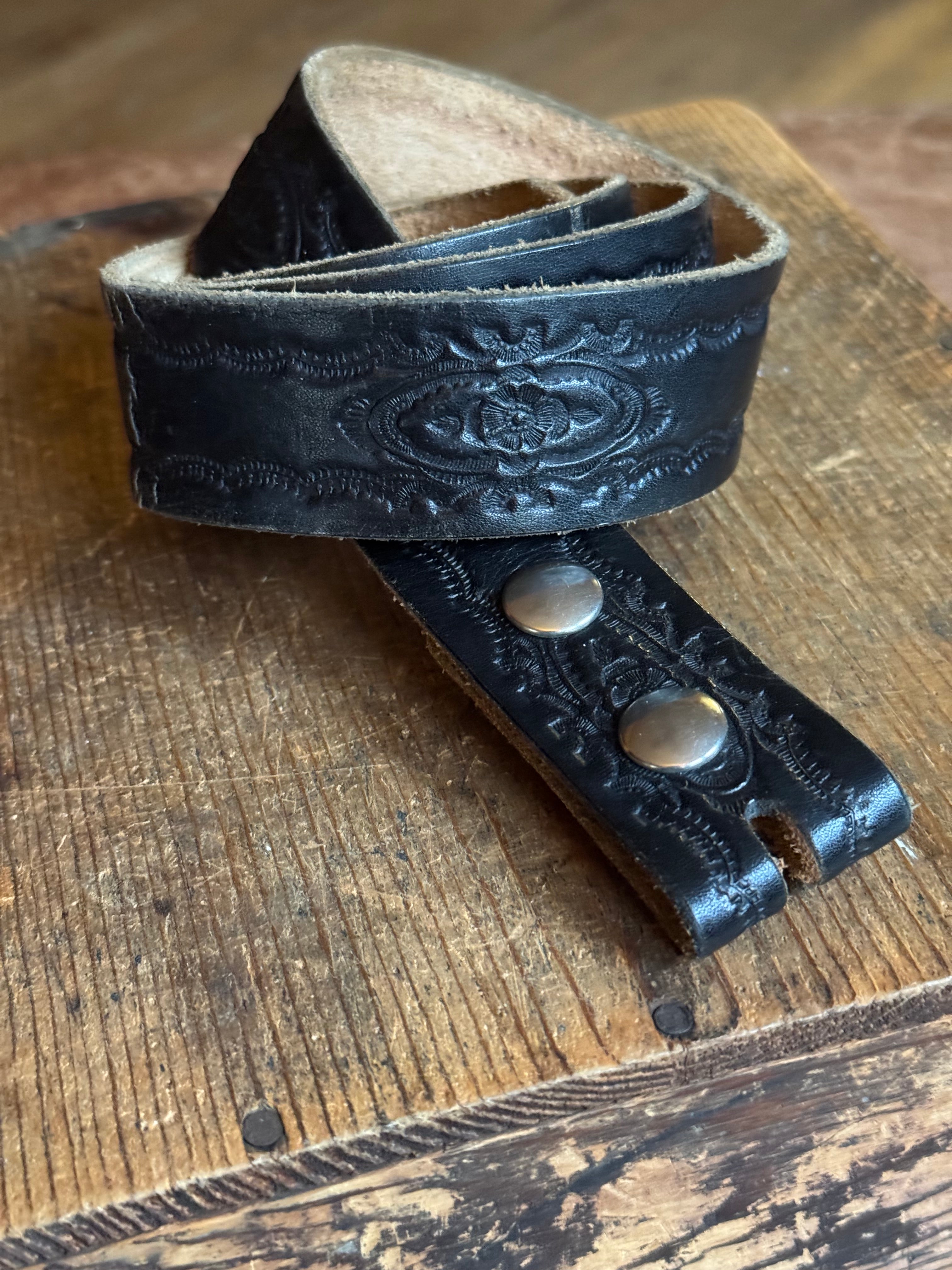 Vintage Hand Tooled Black Leather Belt