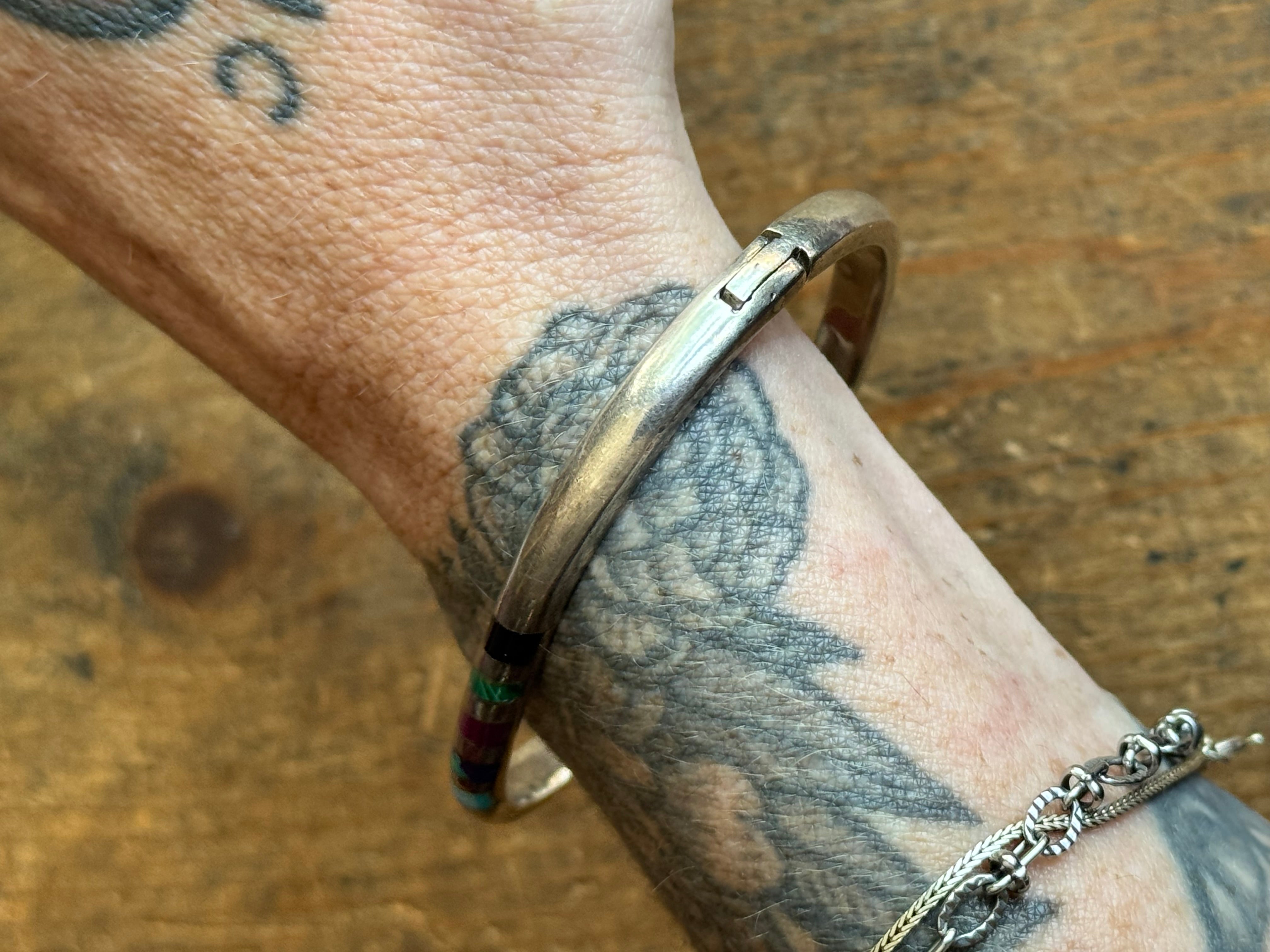 Vintage Sterling Silver Multistone Inlay Latch Bracelet