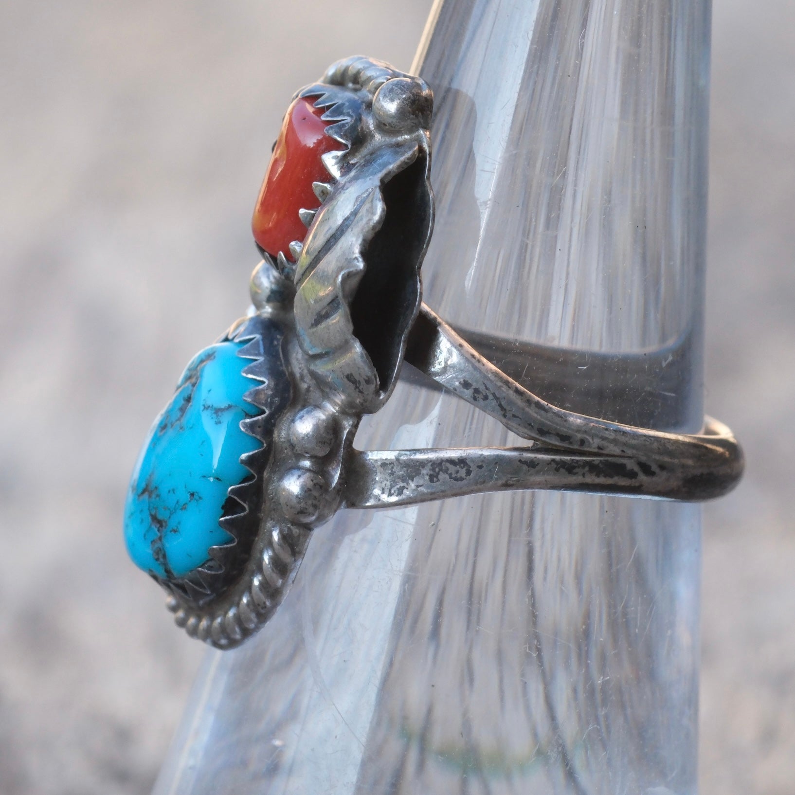 Vintage Sterling Turquoise and Coral Feather Ring 5.75
