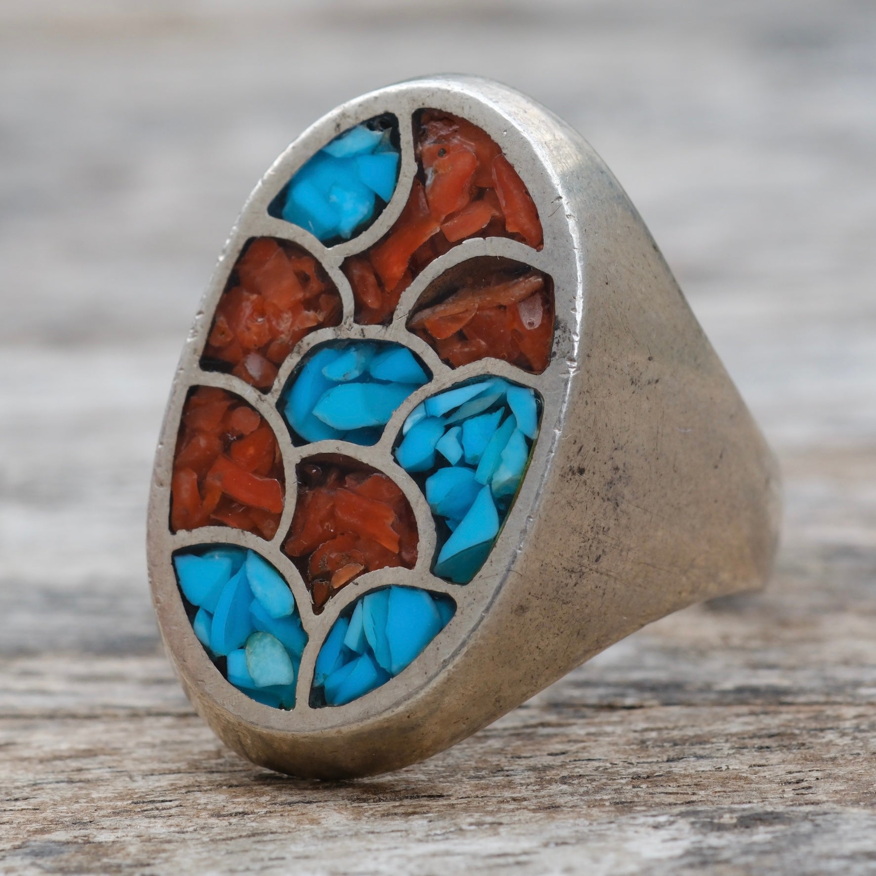 Vintage Sterling Crushed Turquoise and Coral Inlay Ring 11.5