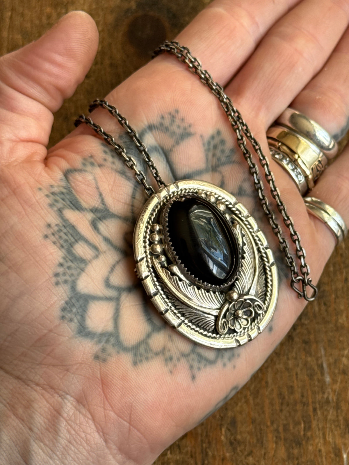 Vintage Sterling Silver Onyx Leaf Necklace