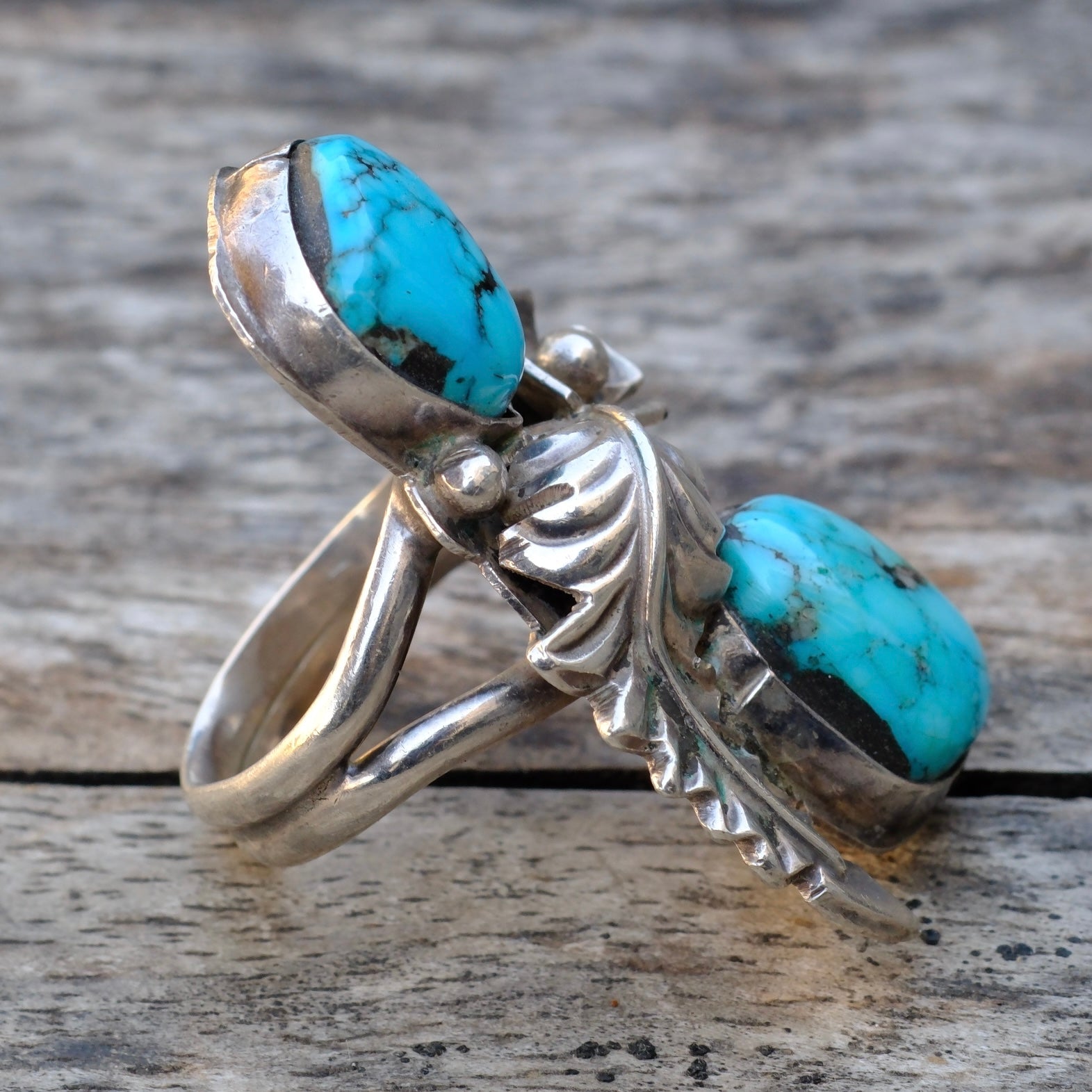 Vintage Sterling 2-Stone Turquoise Feather Ring 6.25
