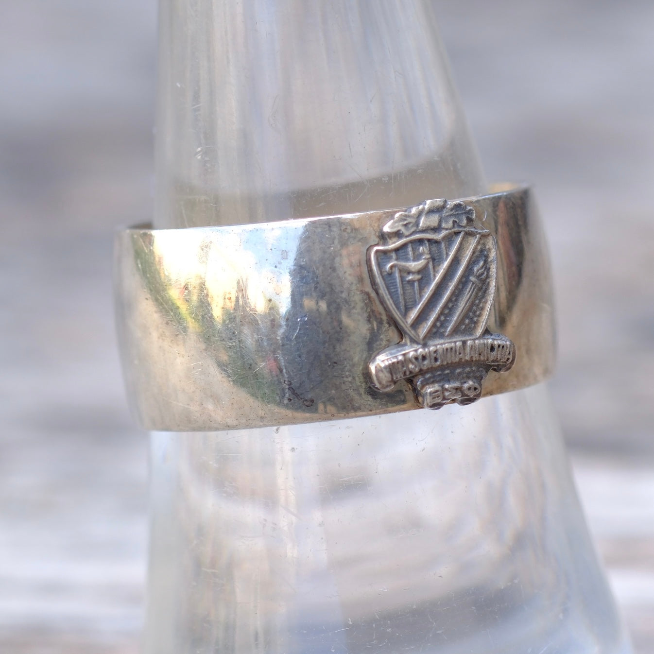 Silver ring with a crest design on a white background