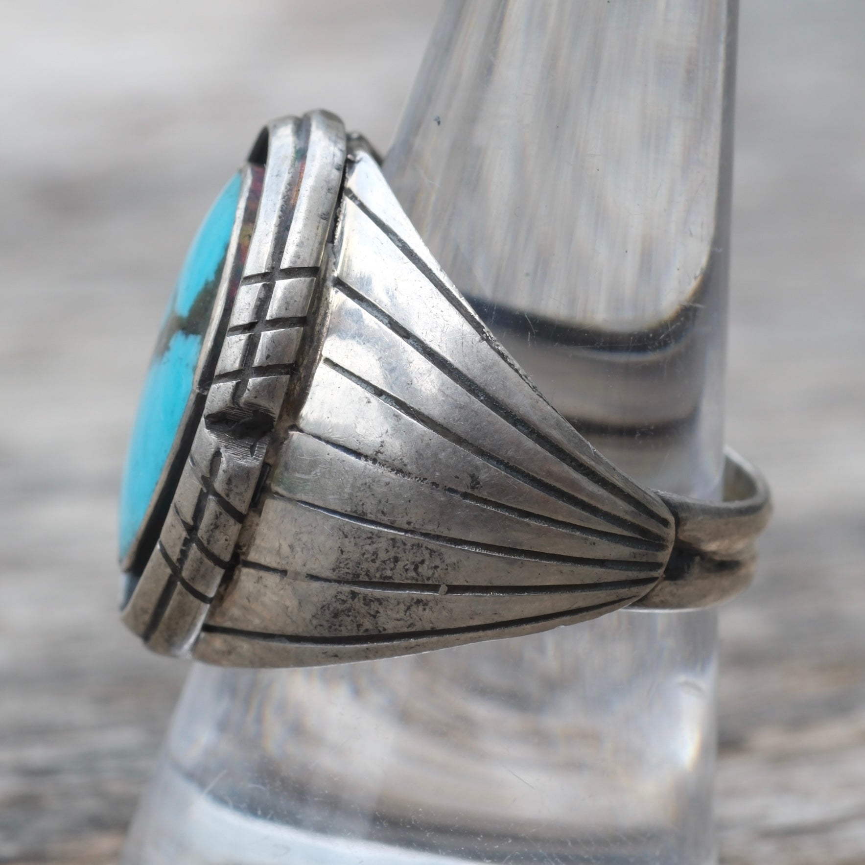 Vintage Sterling Turquoise Ribbed Band Ring 9