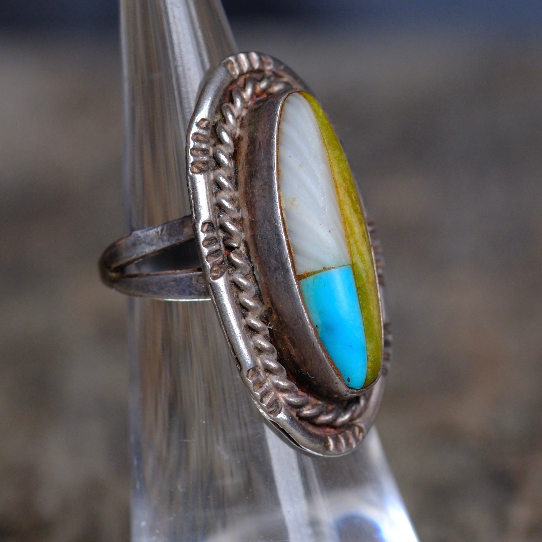 Vintage Sterling Multistone Inlay Ring 4.25