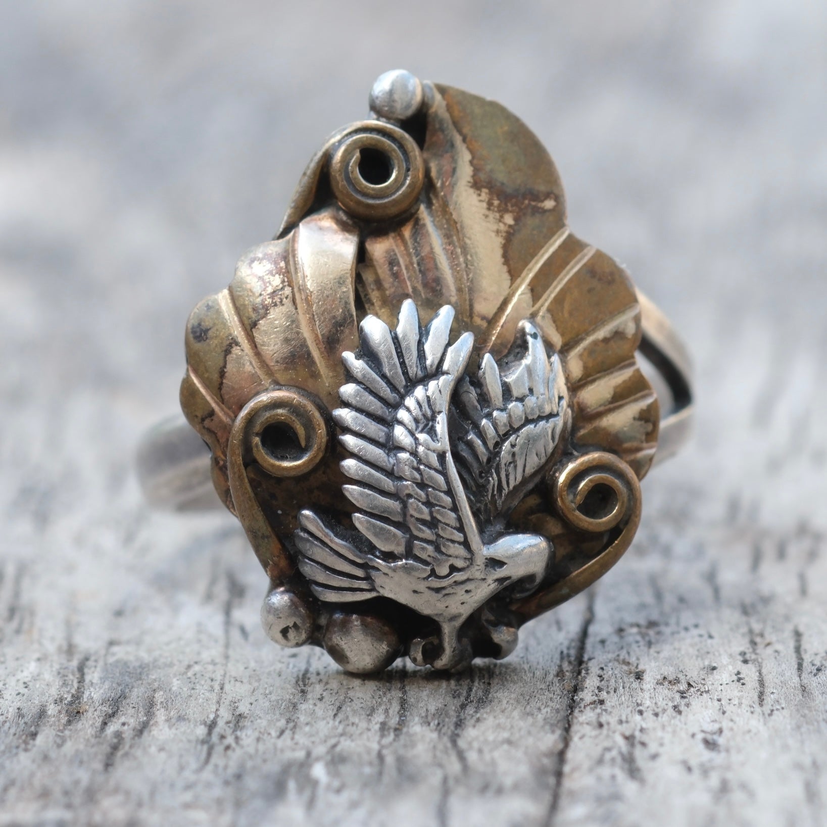 Vintage Sterling and Copper Eagle Ring 9.25