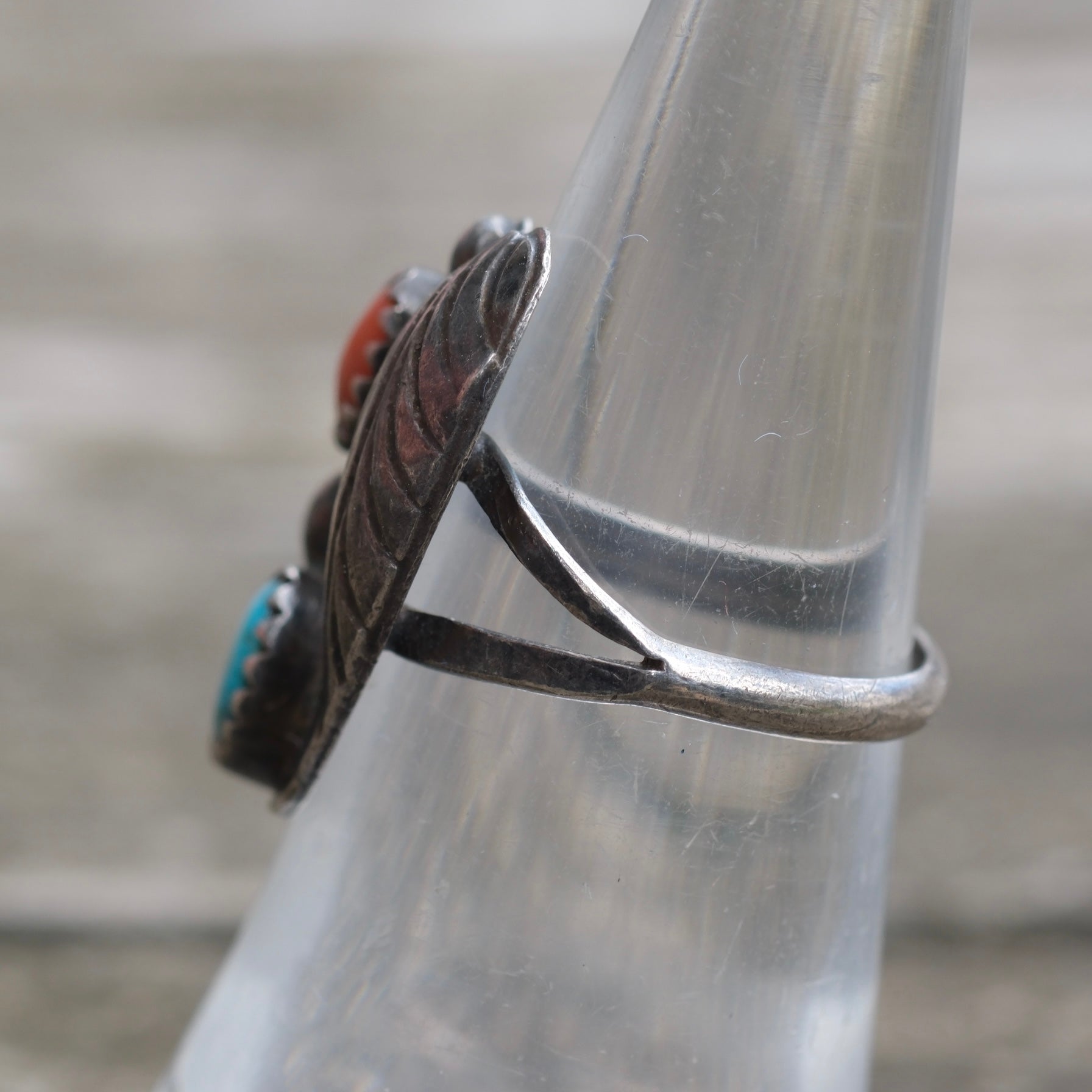 Vintage Sterling Turquoise and Coral Feather Ring 5.75