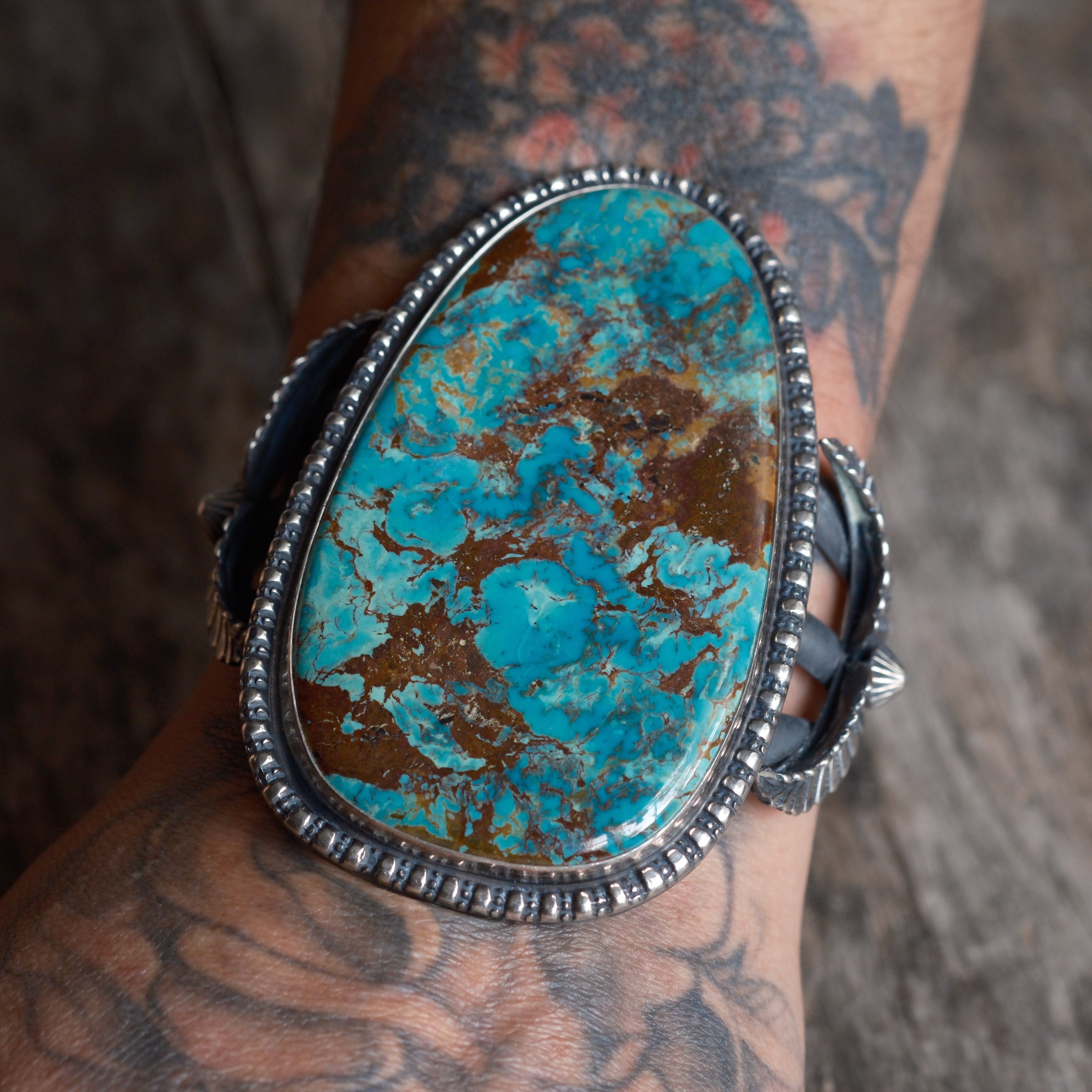 HUGE Vintage Sterling Turquoise Feather Cuff Bracelet