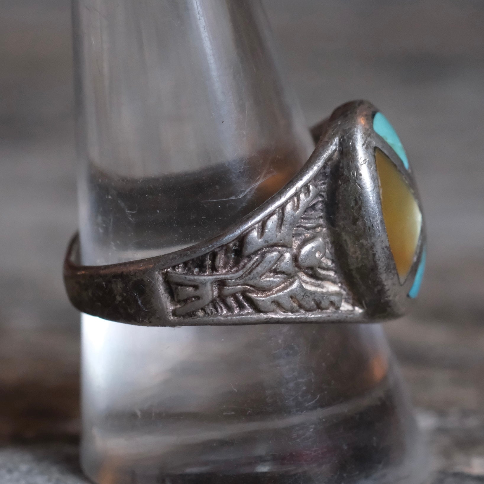 Vintage Sterling Turquoise and Mother Of Pearl Thunderbird Ring 10.25