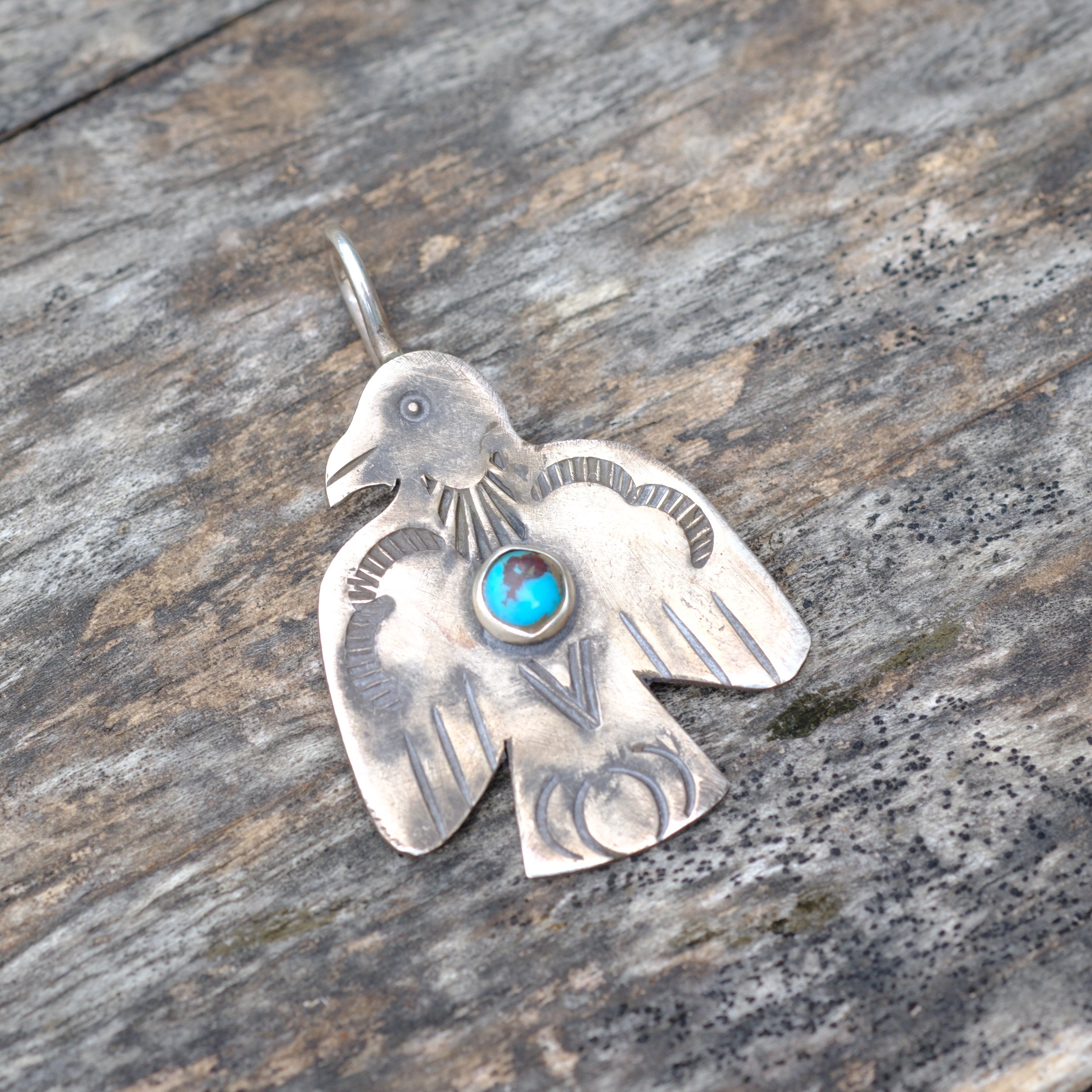 Sterling Silver Stamped Turquoise Thunderbird Necklace