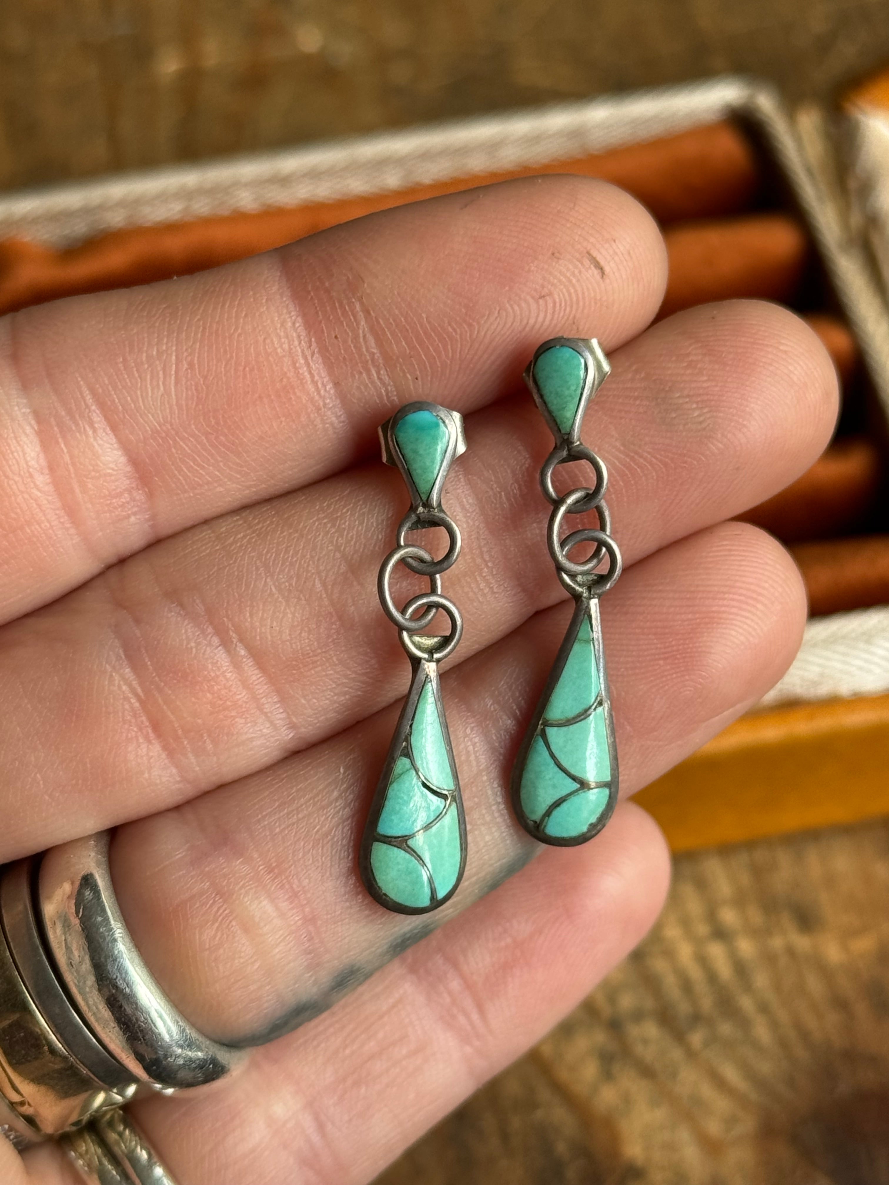 Vintage Sterling Silver Turquoise Inlay Teardrop Earrings