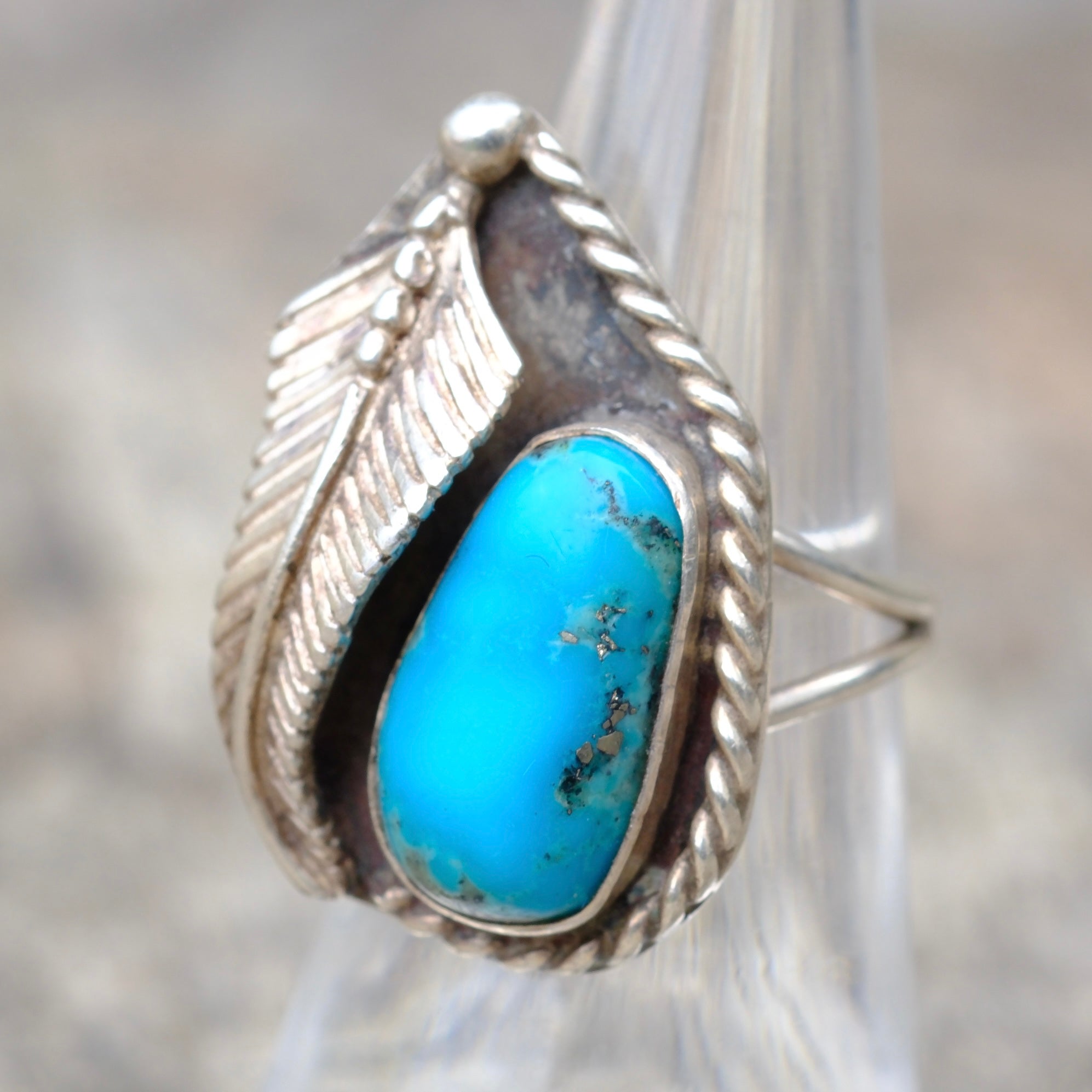 Vintage Sterling Turquoise Feather Ring 6.5