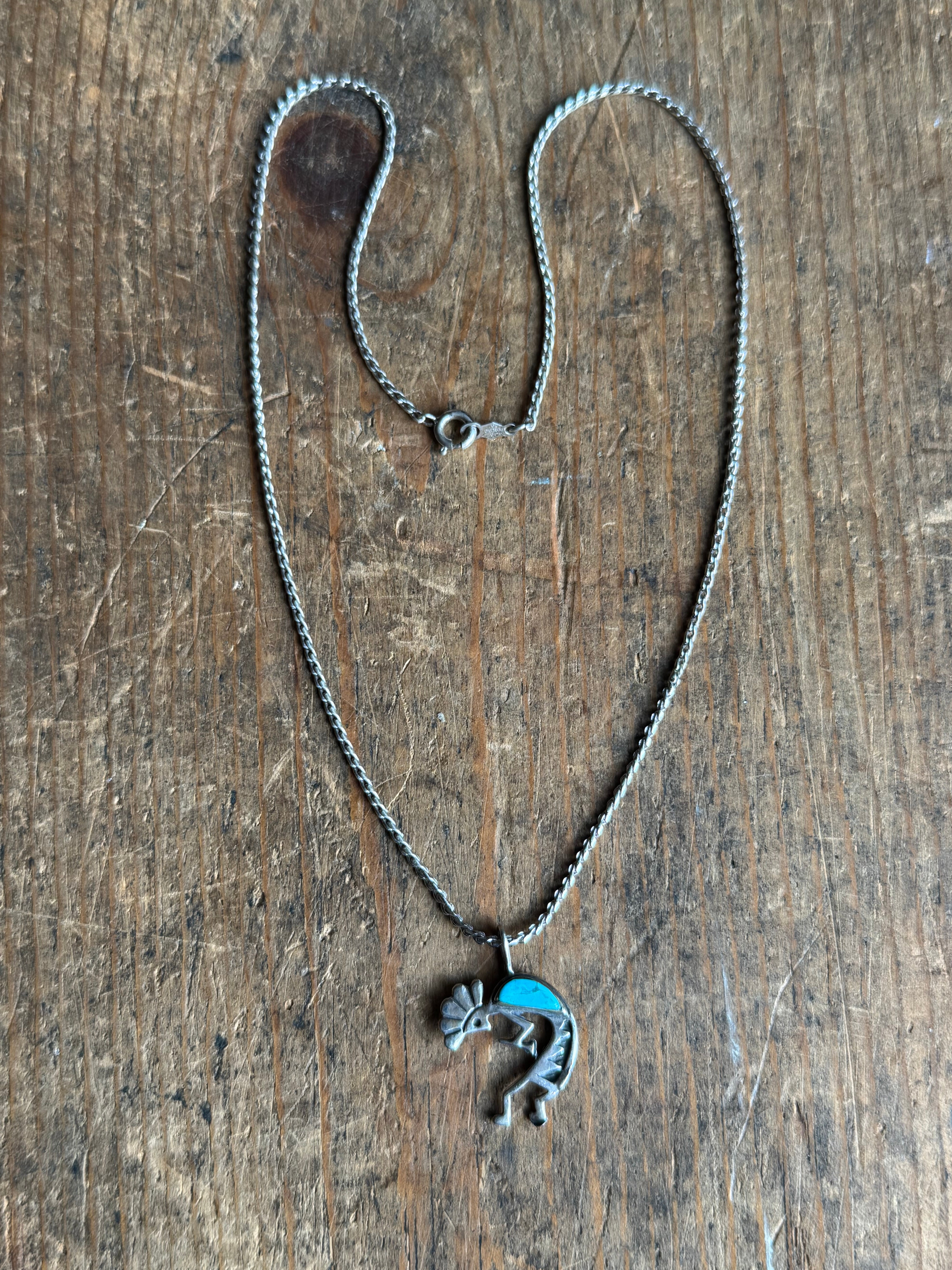 Vintage Sterling Silver Turquoise Kokopelli 15" Necklace