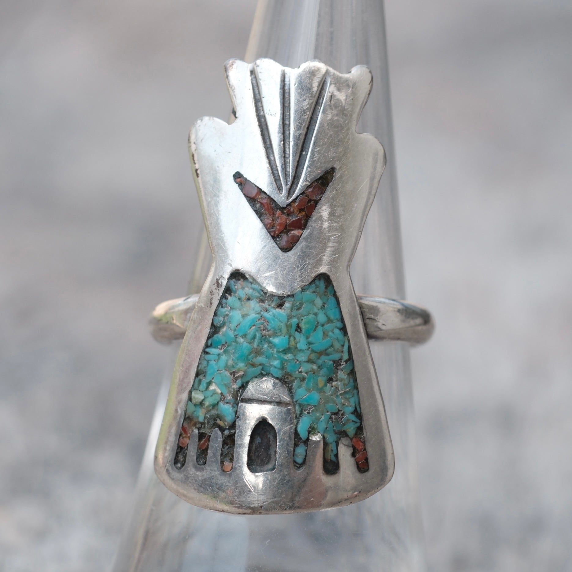 Vintage Sterling Turquoise and Coral Teepee Ring 6.75