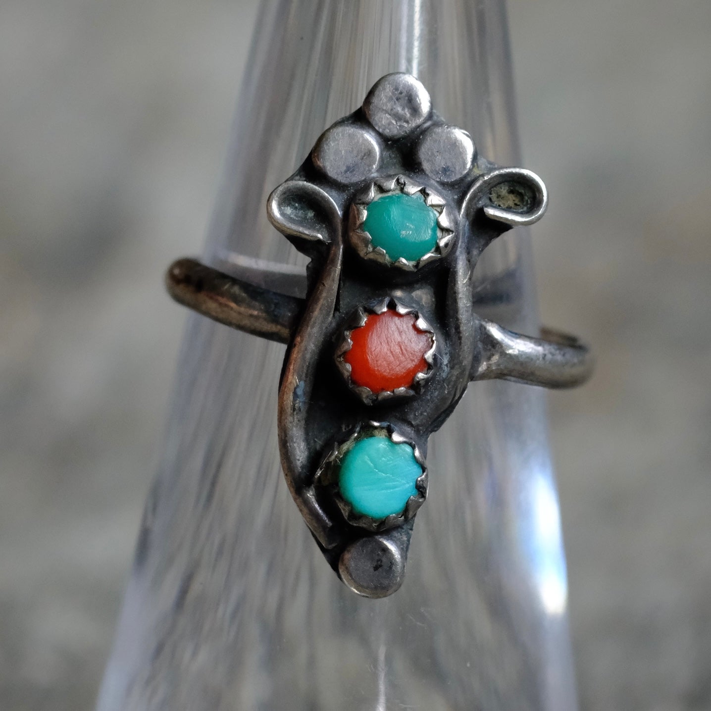 Vintage Sterling Turquoise and Coral Ring 4.5