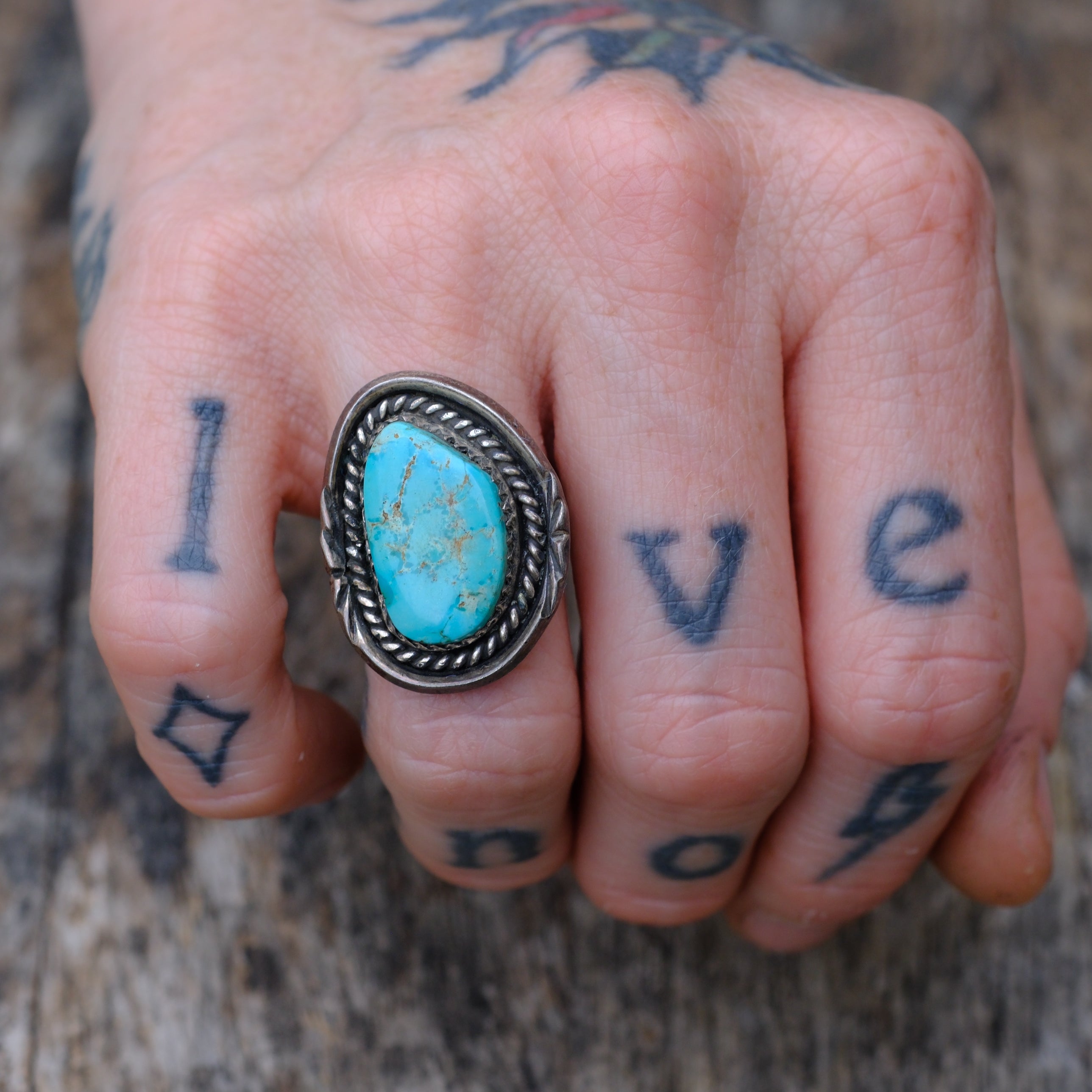 Vintage Sterling Turquoise Roper Ring 5.75