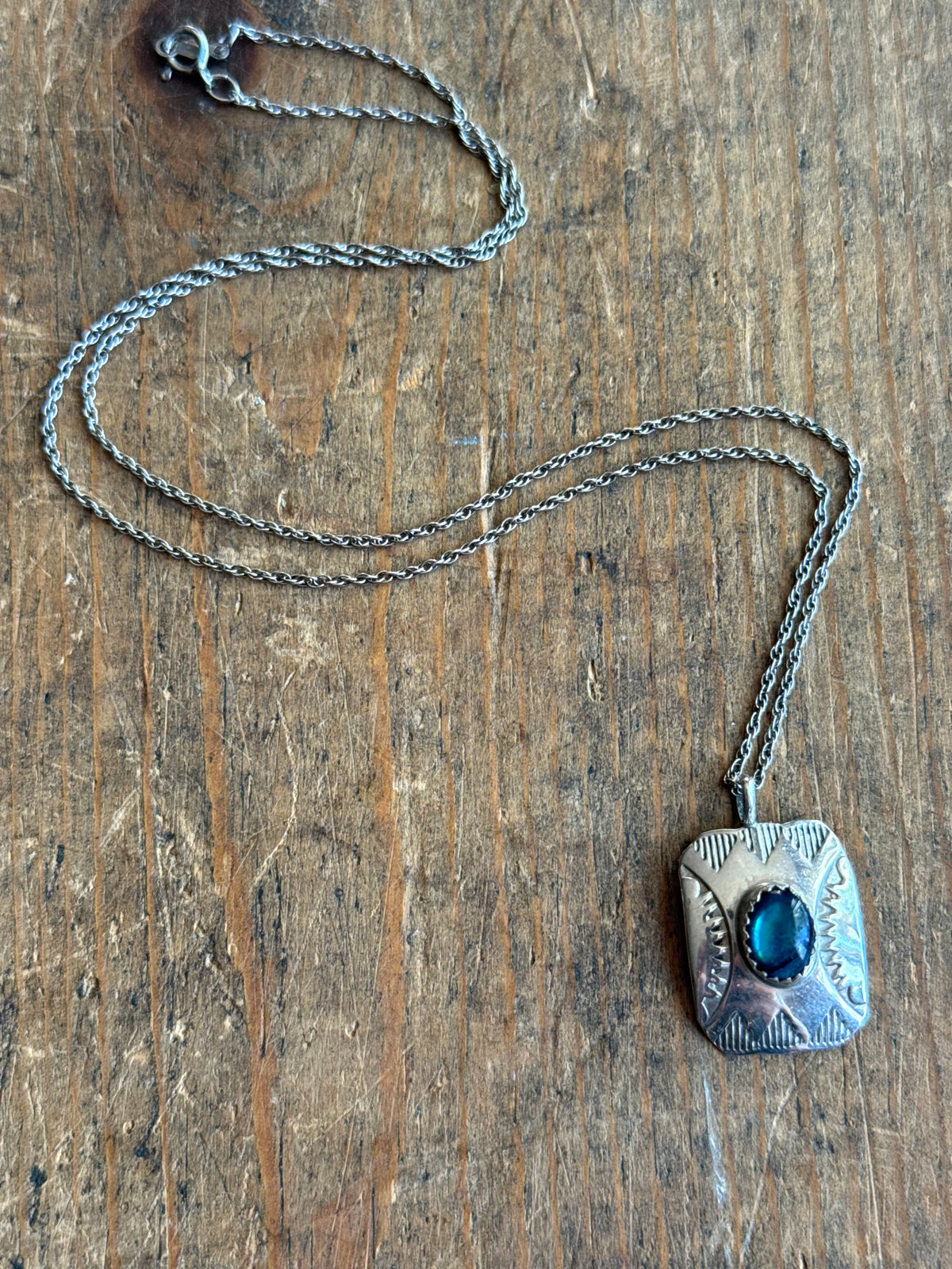 Vintage Sterling Silver Stamped Abalone Tag Necklace