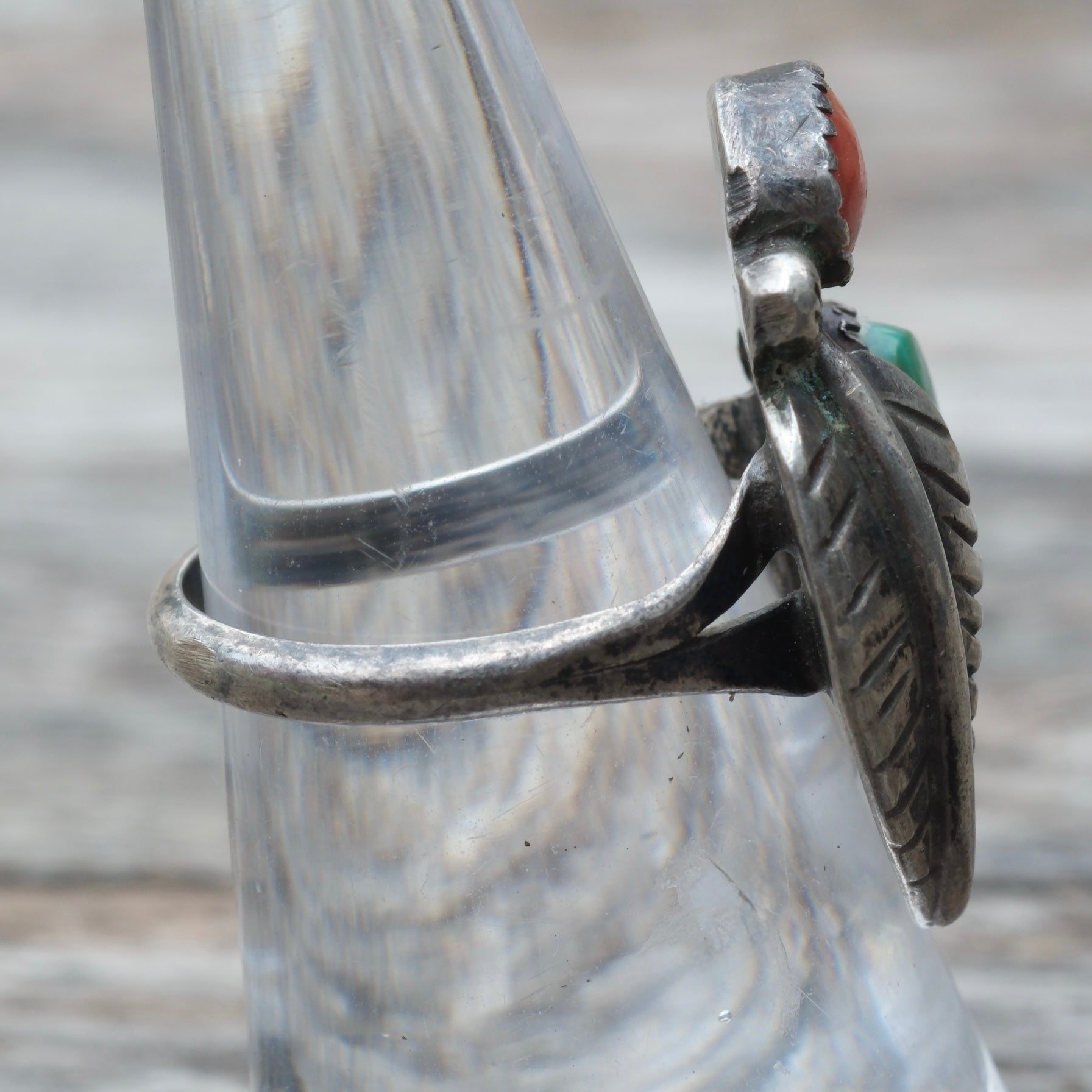 Vintage Sterling Turquoise and Coral Feather Ring 6.5