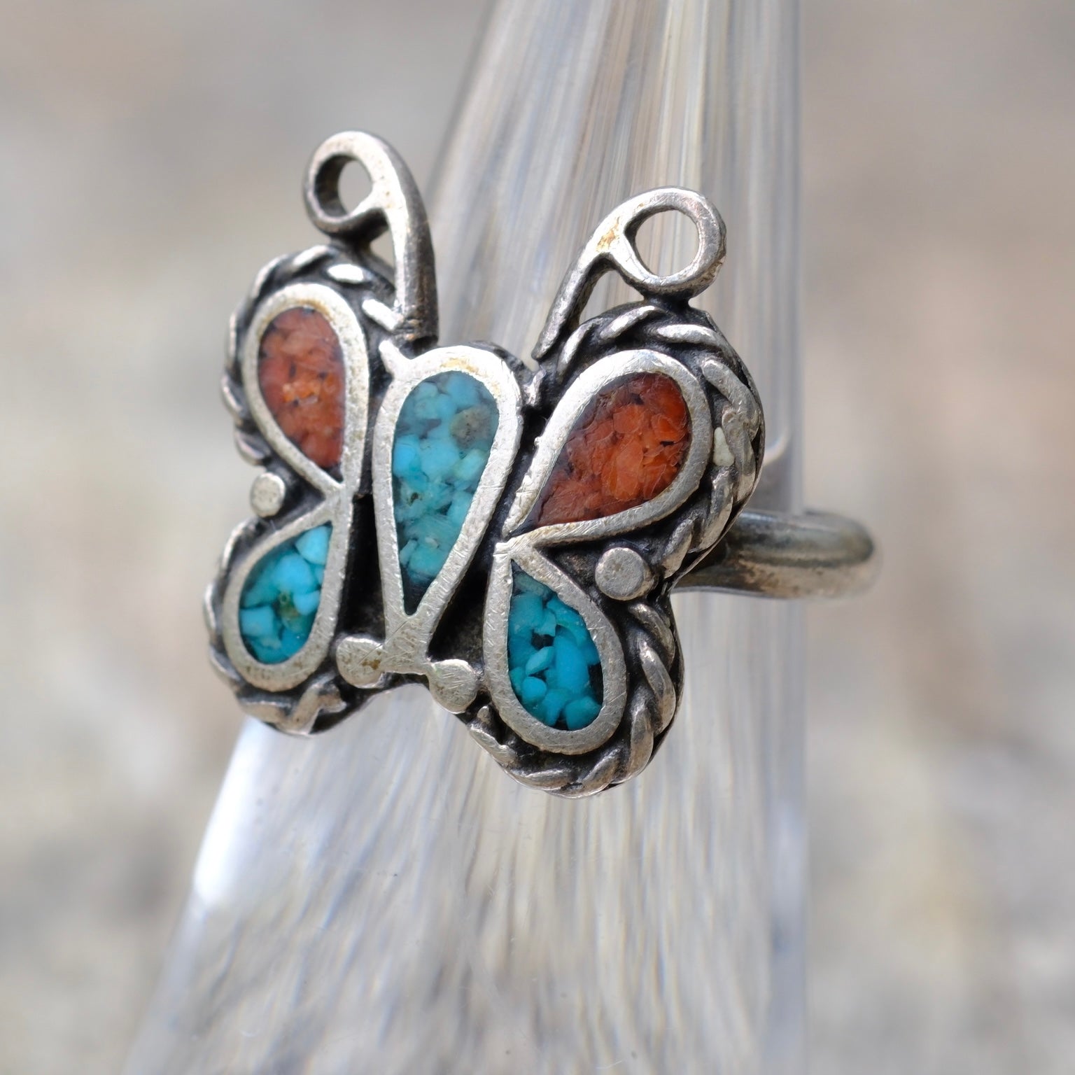 Vintage Sterling Turquoise and Coral Butterfly Ring 4.25