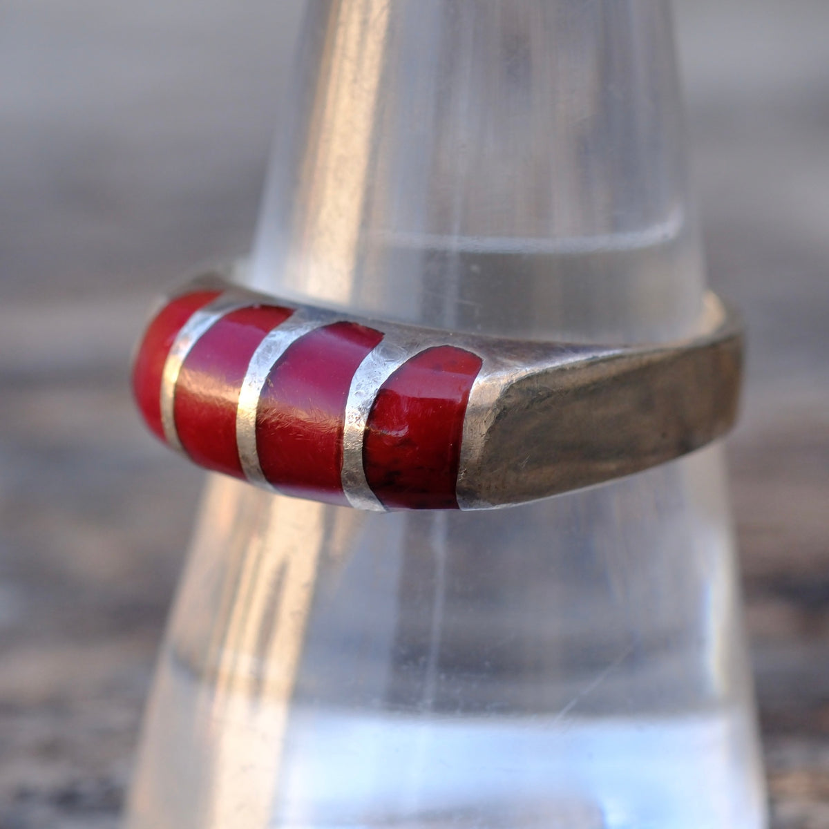 Vintage Sterling Coral Inlay Ring 9.25