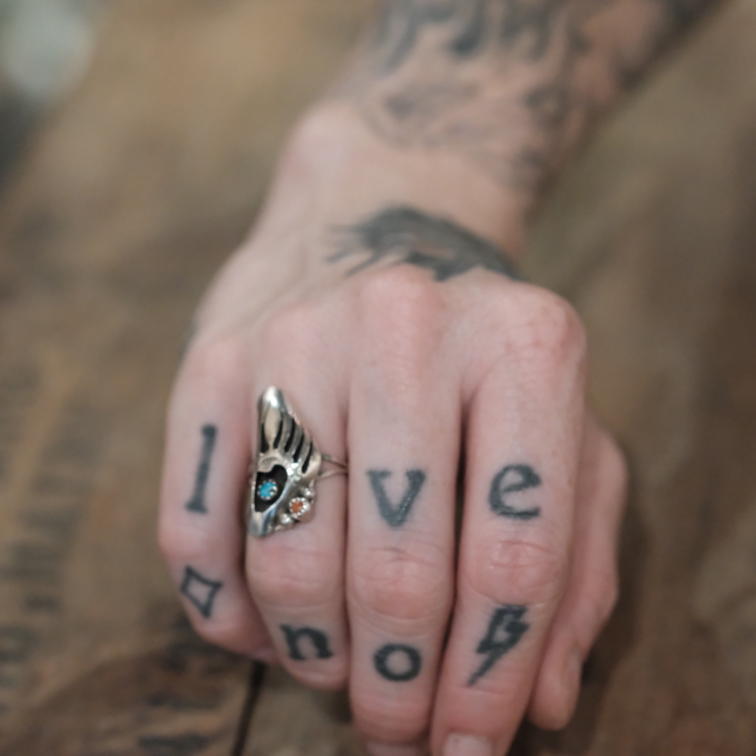 Vintage Sterling Turquoise and Coral Bear Paw Ring 5.25