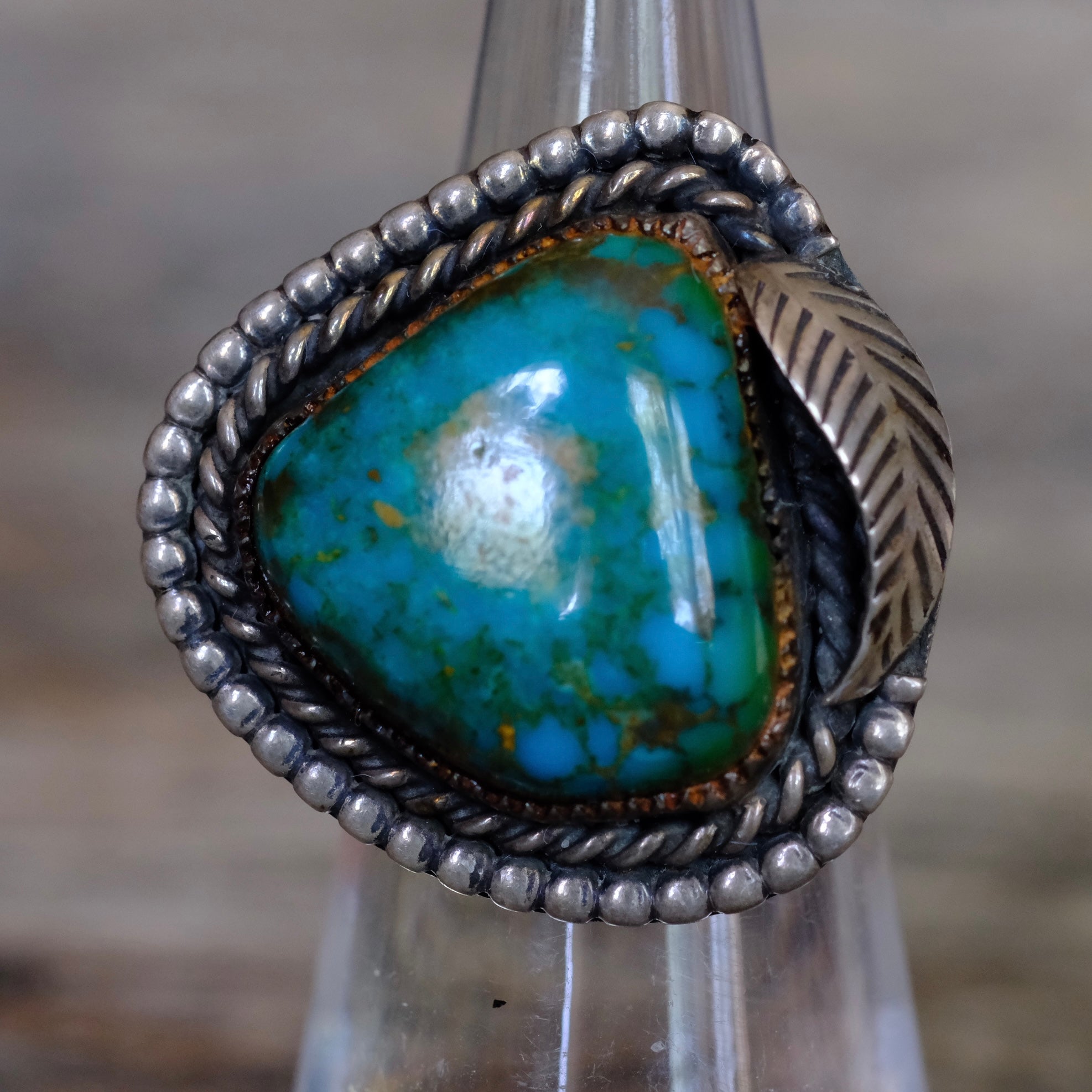 Vintage Sterling Turquoise Feather Roper Ring 4.75