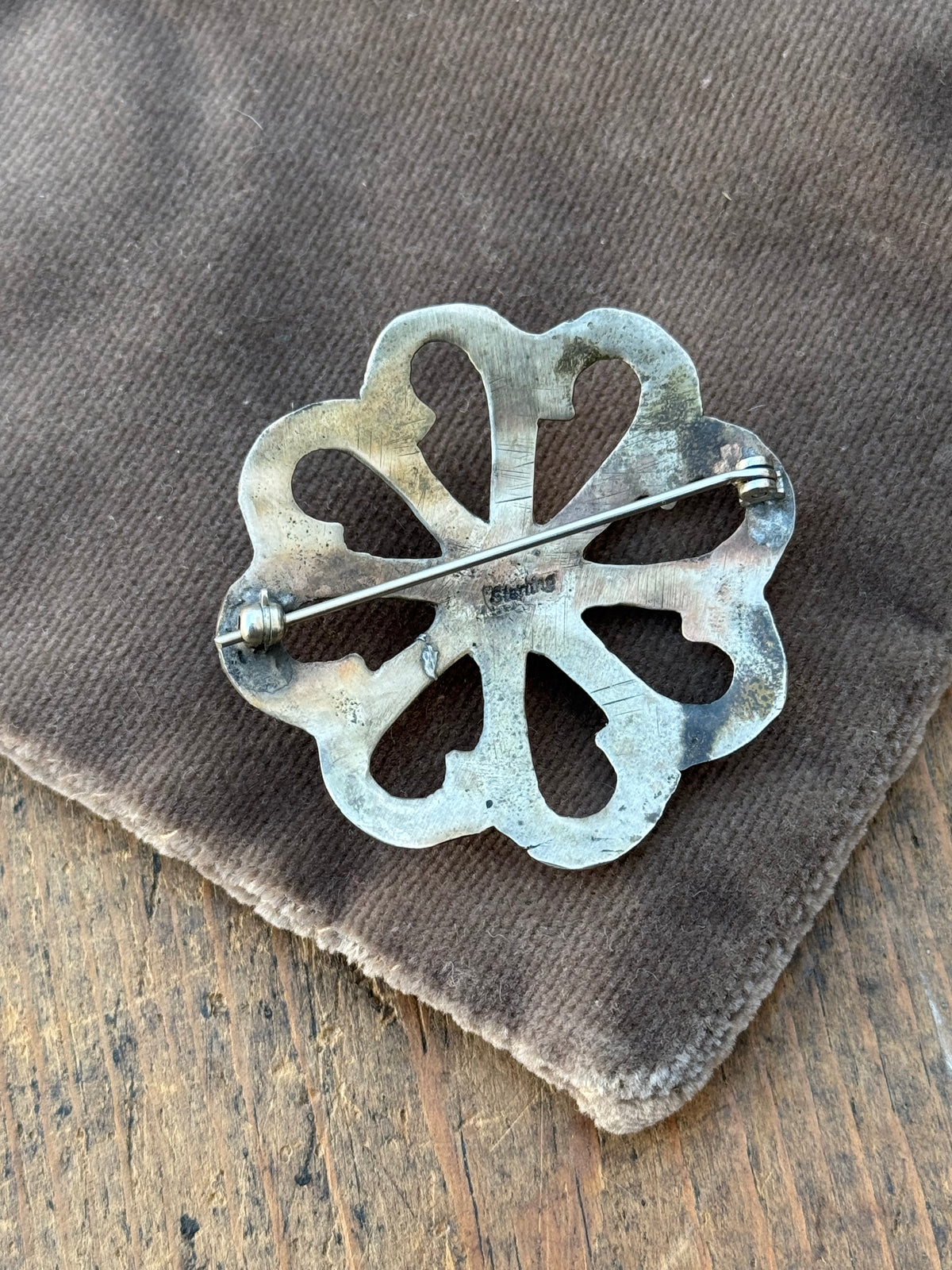 Vintage Sterling Silver Turquoise Sandcast Florette Pin