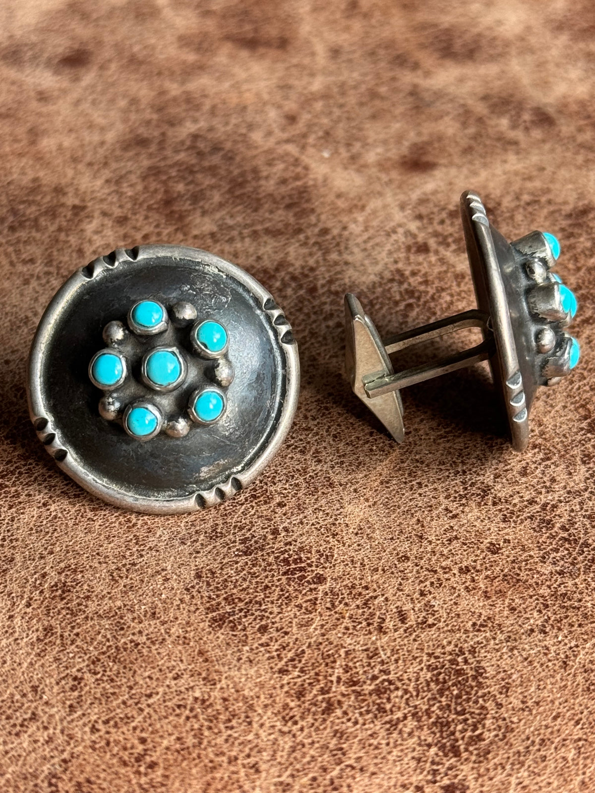 Vintage Sterling Silver Multistone Turquoise Concho Cufflinks