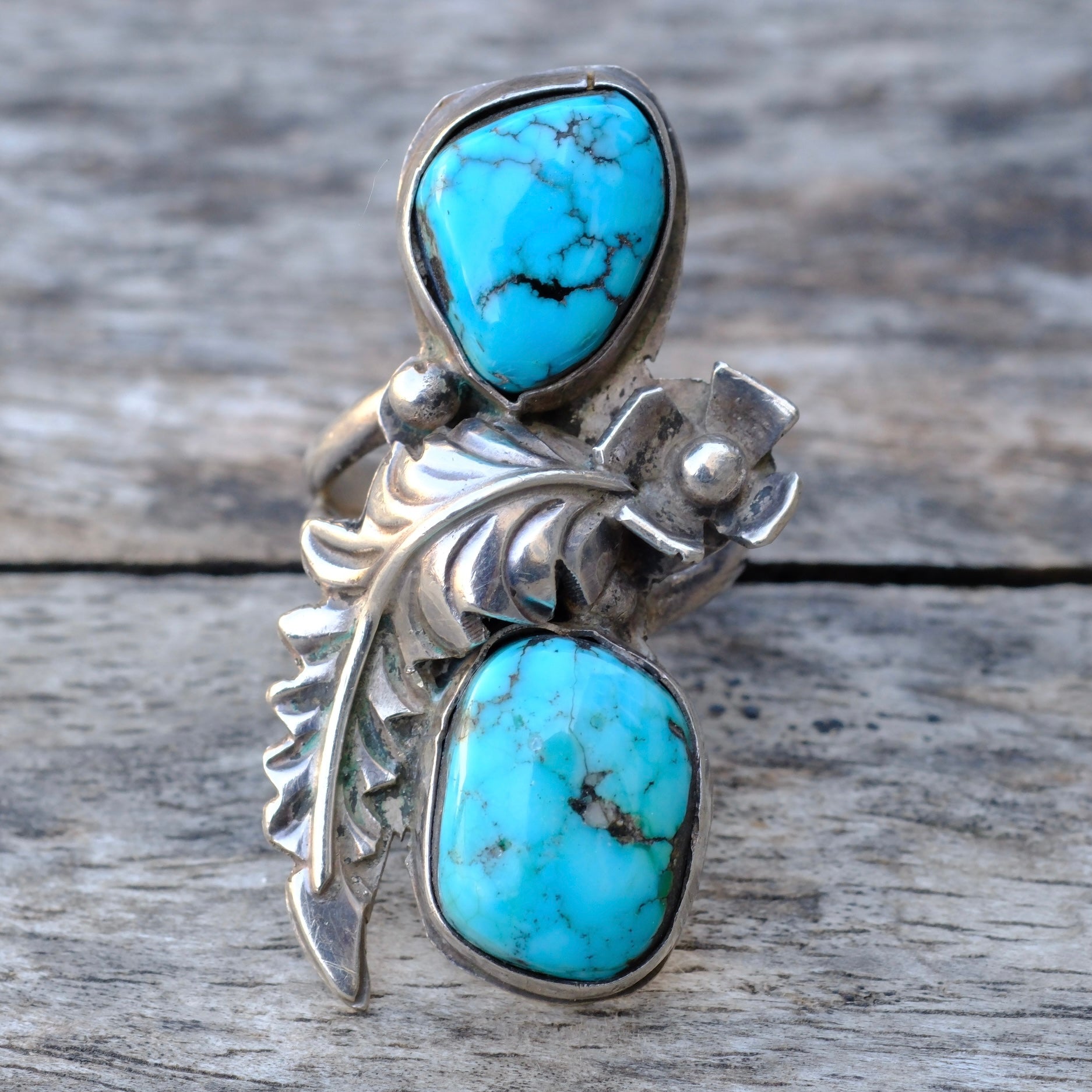 Vintage Sterling 2-Stone Turquoise Feather Ring 6.25