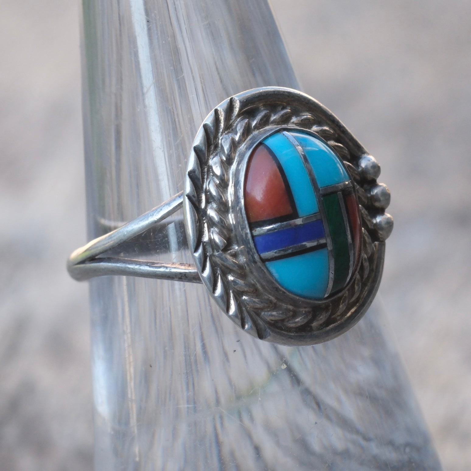 Vintage Sterling Multistone Inlay Ring 6