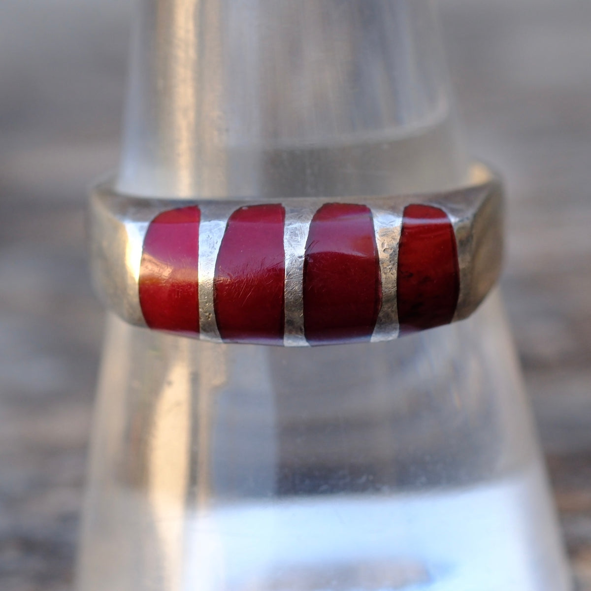 Vintage Sterling Coral Inlay Ring 9.25
