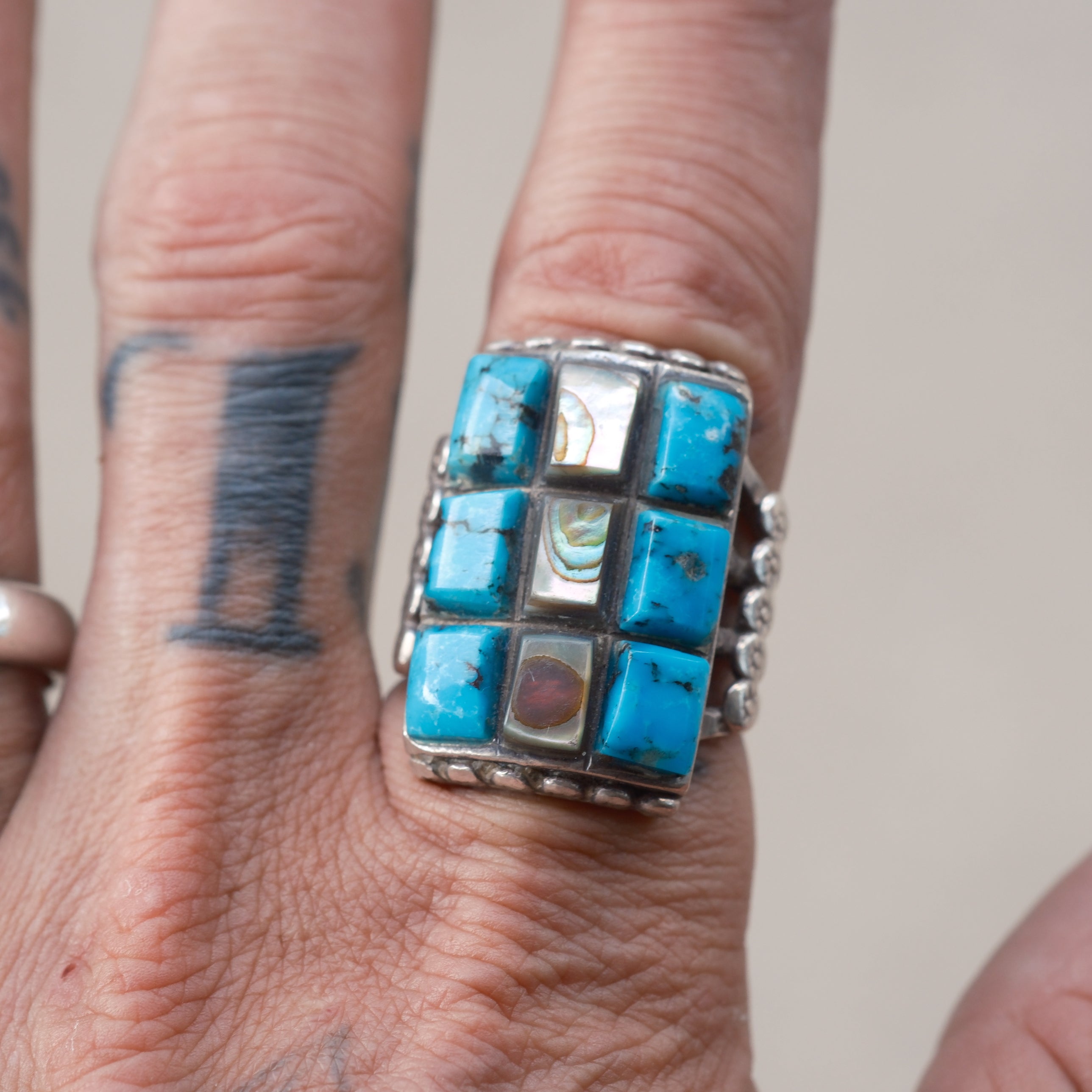 Vintage Sterling Turquoise and Abalone Inlay Panel Ring 9