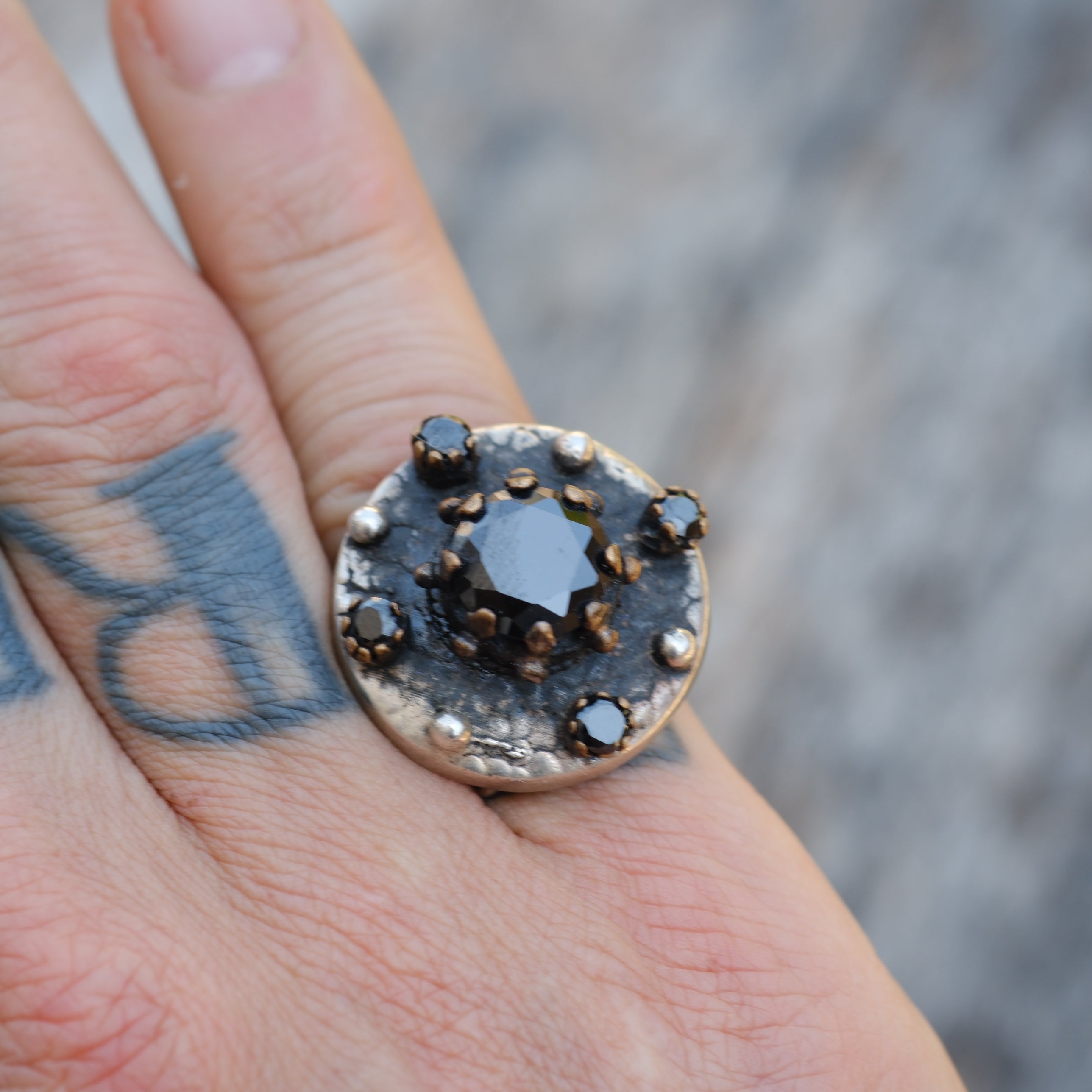 Vintage Sterling Onyx Cluster Ring 7.75