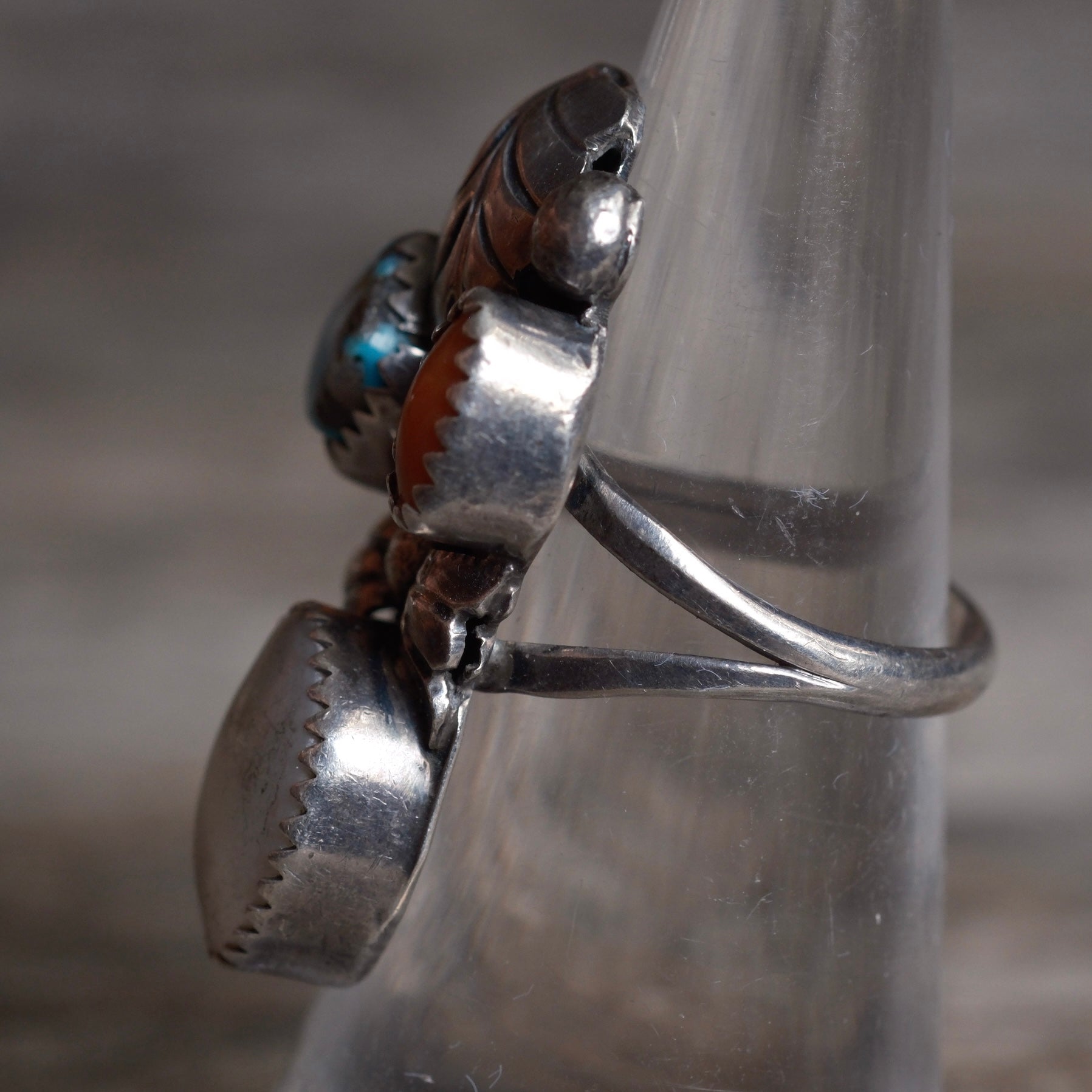 Vintage Sterling Turquoise Coral and MOP Feather Ring 6.5