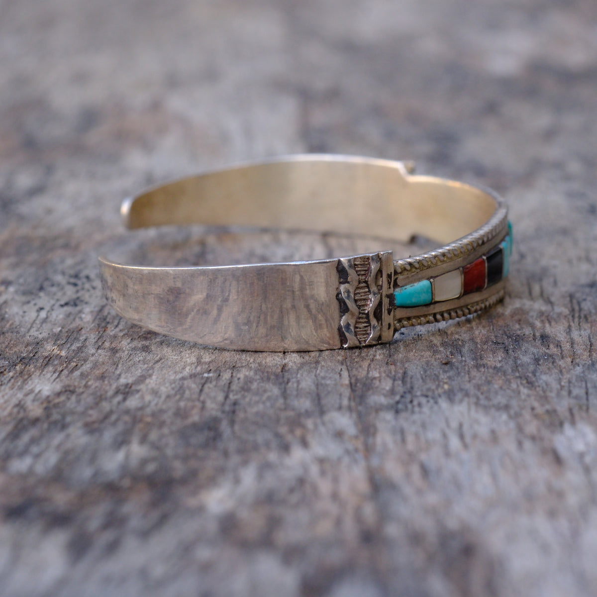 Vintage Sterling Multistone Inlay Cuff Bracelet